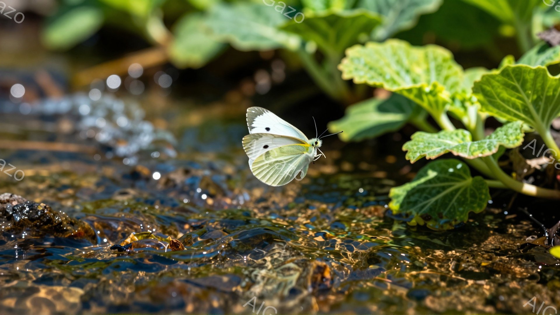 岩の上に白い蝶がとまっている。水が流れており、周りの緑と岩のコントラストが美しい。鮮やかな光が蝶を照らし、生命力に満ちた様子が伝わってくる。