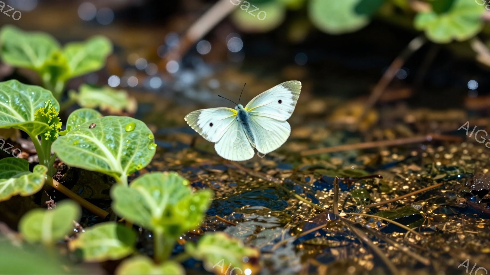 白い蝶が緑の葉の上で羽を休めている。葉には水滴がついており、光が反射してキラキラと輝いている。背景は茶色や緑の自然で、穏やかで平和な雰囲気が漂っている。 - AI生成フリー素材