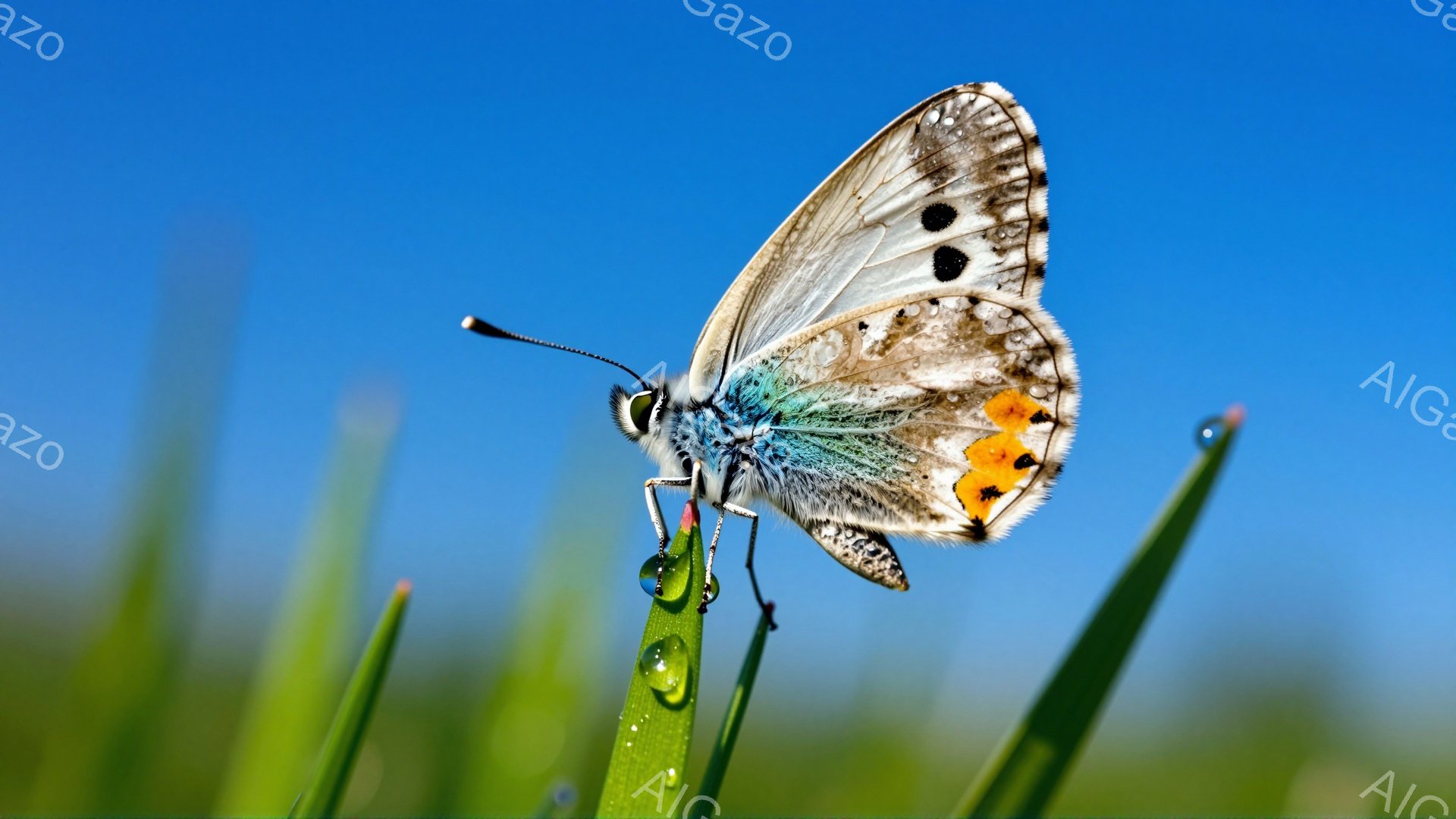 青い空を背景に、草の上に止まったアゲハチョウが鮮やかに映えています。翅は白とオレンジの美しい模様で、微かに光沢があり、生命力に満ち溢れています。朝露が残る草の葉につま先でとまっている姿は、まるで絵画の - AI生成フリー素材