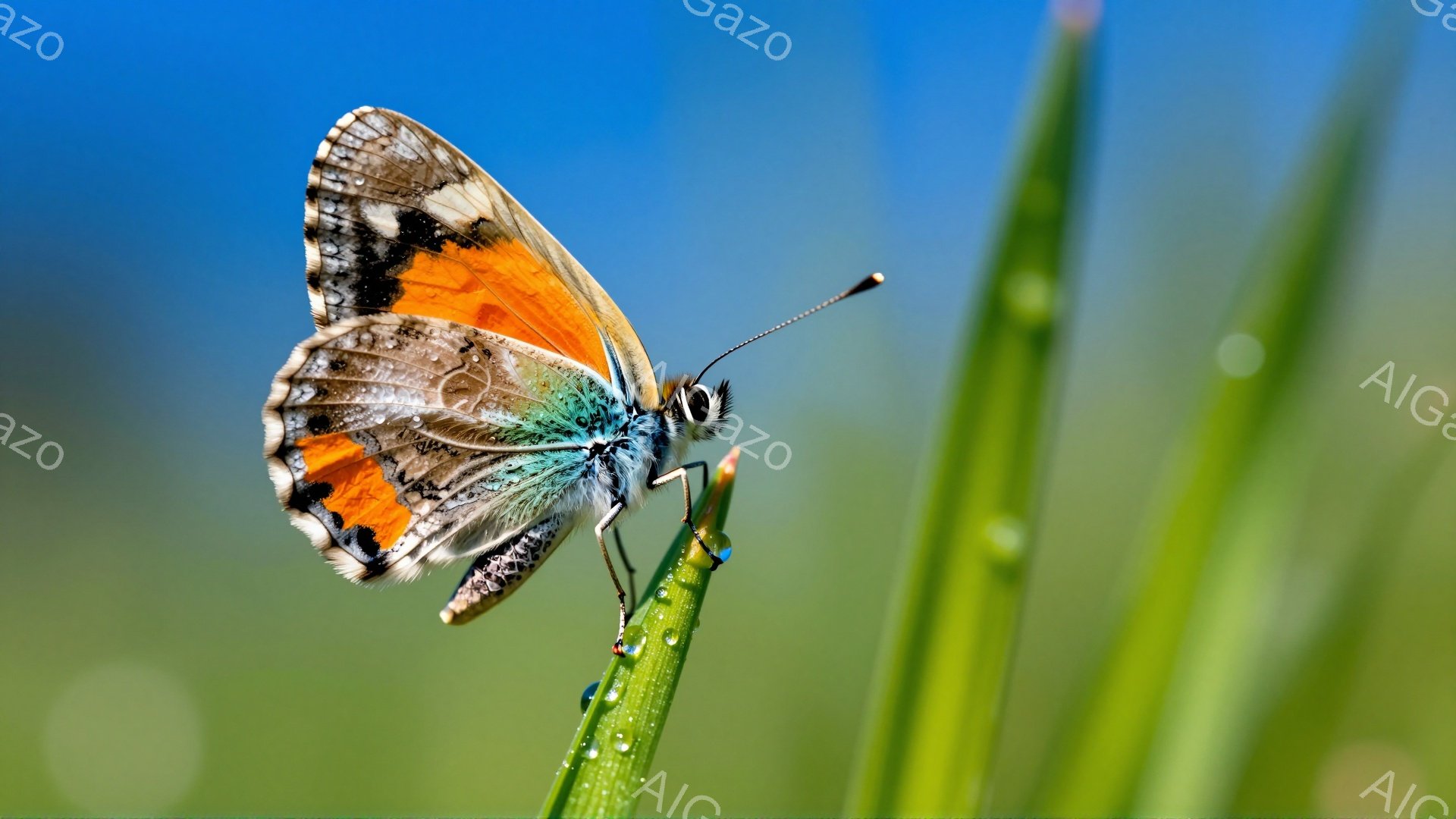 オレンジと黒の美しいアゲハチョウが、緑色の草の茎にとまっている。背景はぼかした緑色と青色で、自然の柔らかな光が感じられる。チョウの繊細な模様と鮮やかな色彩が印象的で、生命の美しさを表現している。 - AI生成フリー素材