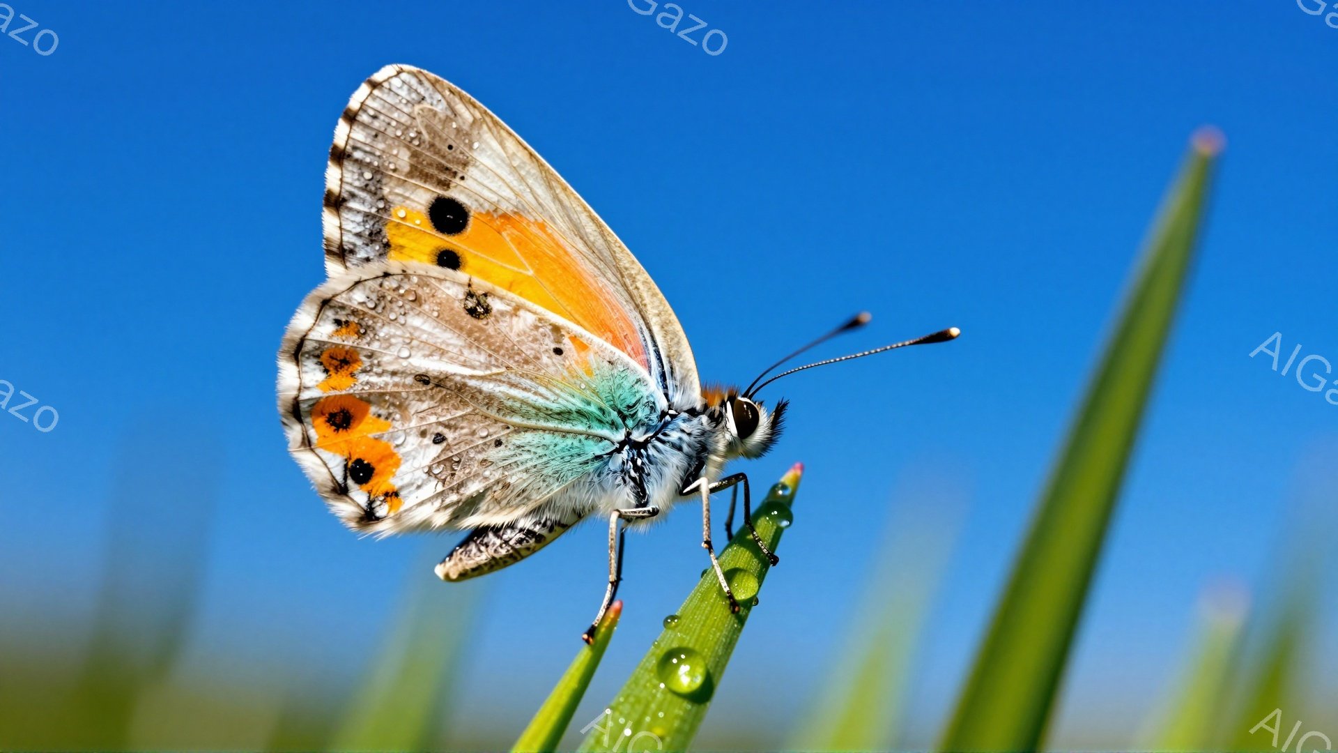 青い空を背景に、オレンジと黒の模様が美しい蝶が緑の草の上に止まっています。鮮やかな色彩と細部まで捉えられた羽の模様が印象的で、生命の躍動を感じさせます。草の葉には水滴が輝き、自然の美しさを引き立ててい - AI生成フリー素材