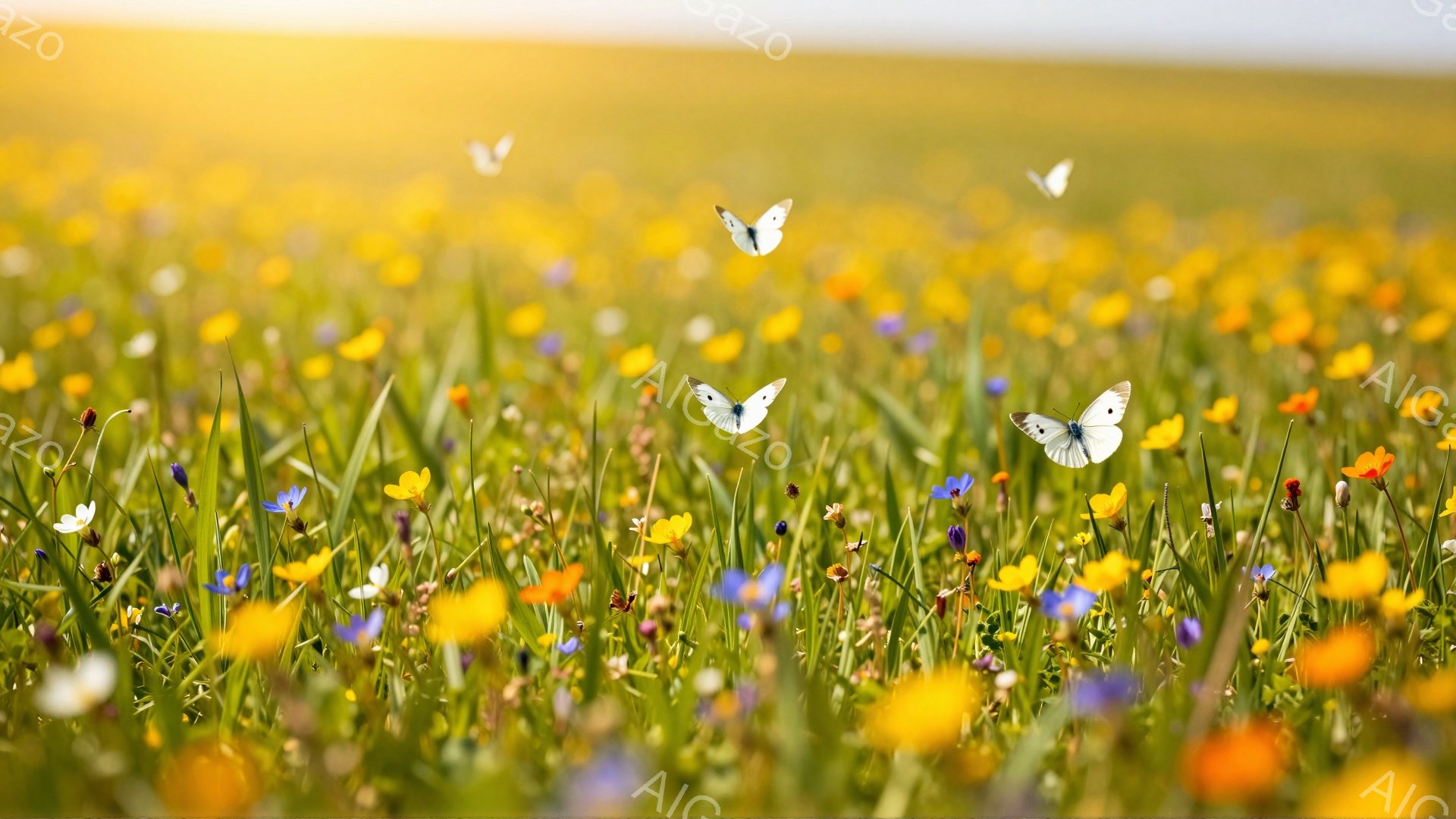 広大な草原に黄色や紫色の小さな花々が咲き乱れている。空には白い蝶が舞い、暖かい日差しが花畑を照らしている。穏やかで平和な雰囲気が漂う美しい風景だ。 - AI生成フリー素材