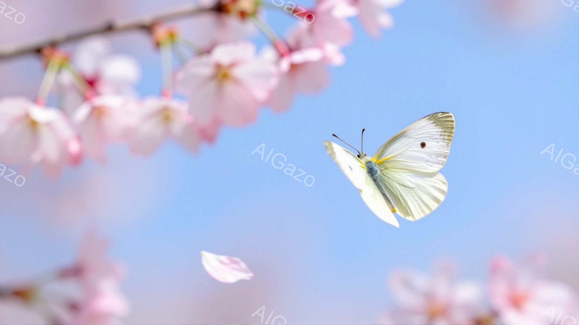 鮮やかな青空を背景に、桜の花びらが舞い、白く美しい蝶が羽ばたいている。桜の柔らかいピンク色と蝶の白がコントラストとなり、春の穏やかな雰囲気を醸し出している。光の差し込みが美しく、幻想的な印象を与える。 - AI生成フリー素材