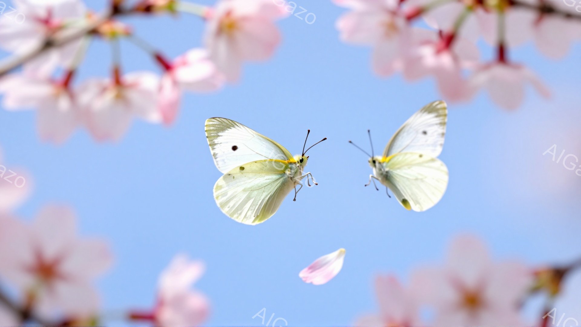 桜の花びらが舞い散る青空を、白い蝶が優雅に舞っている。蝶は鮮やかな色彩で、春の暖かさと生命力を感じさせる。背景には桜の枝がぼんやりと見え、穏やかで幻想的な雰囲気を醸し出している。 - AI生成フリー素材