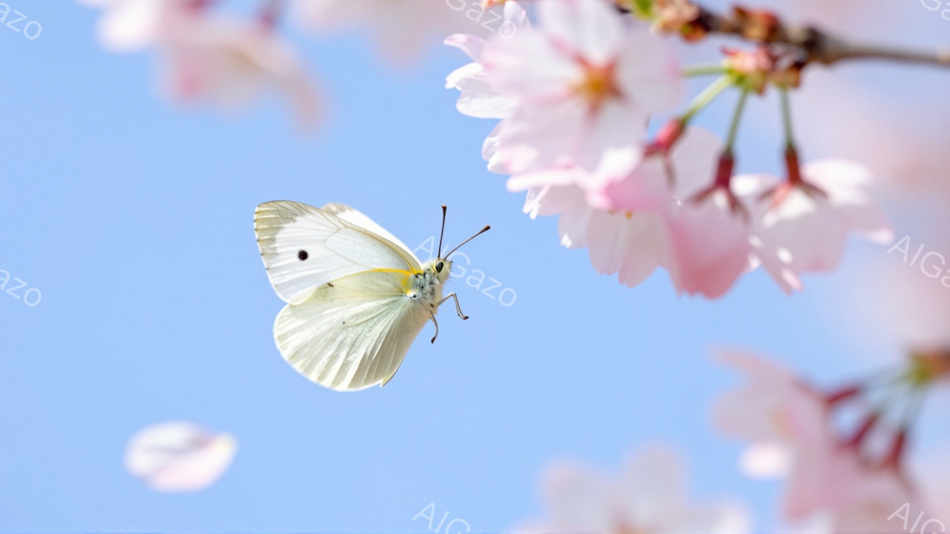 澄み切った青空を背景に、白い蝶が舞っている様子が捉えられています。桜の花びらがぼんやりと前景にあり、春の穏やかな雰囲気を醸し出しています。蝶の繊細な羽模様が印象的で、まるで春の精霊のようです。 - AI生成フリー素材