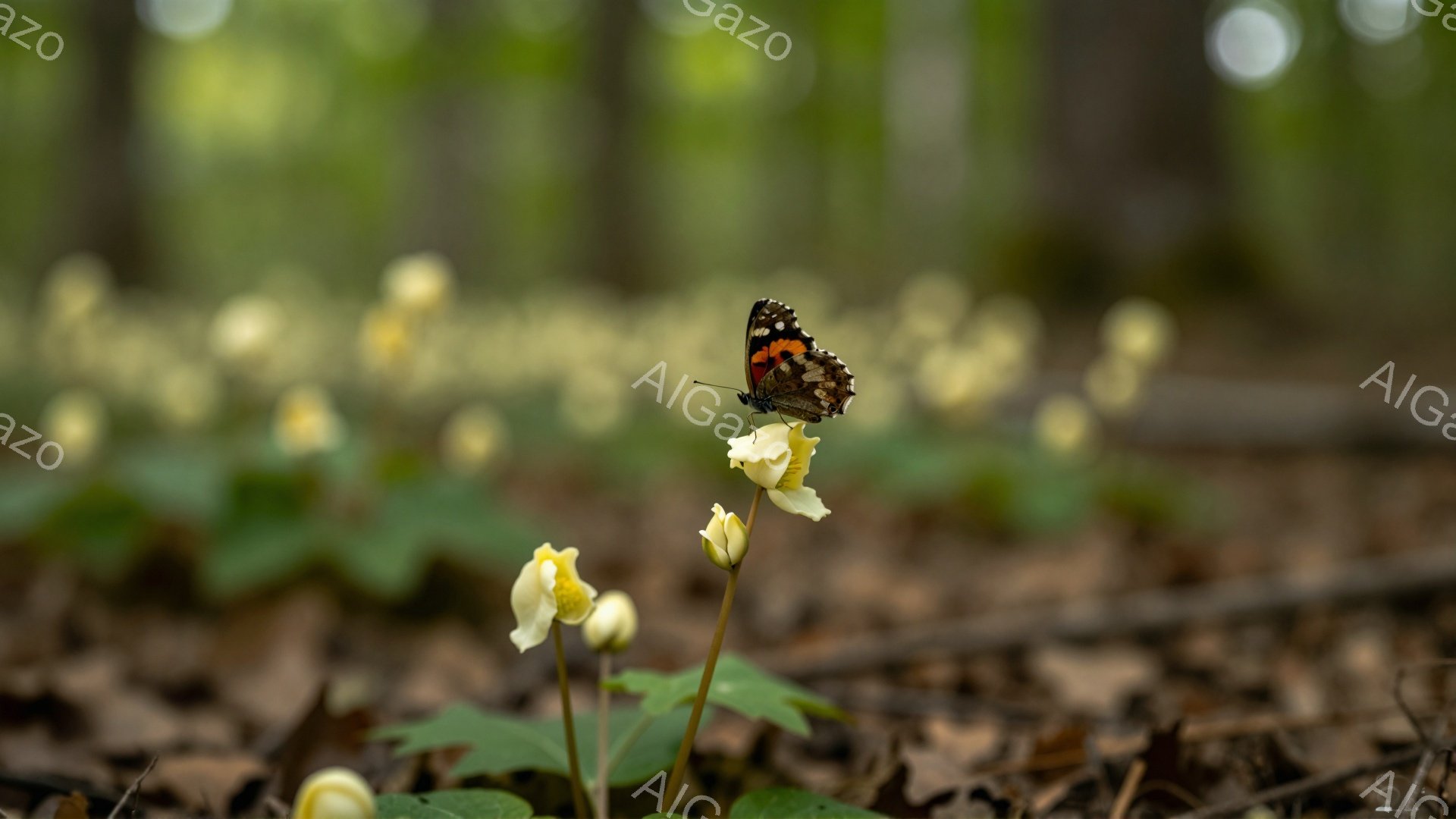 鮮やかなオレンジと黒色の蝶が、黄色い小さな花にとまっている。背景は緑豊かな森林で、光が差し込み、幻想的な雰囲気を醸し出している。花と蝶のコントラストが美しく、春の訪れを感じさせる穏やかな情景だ。 - AI生成フリー素材