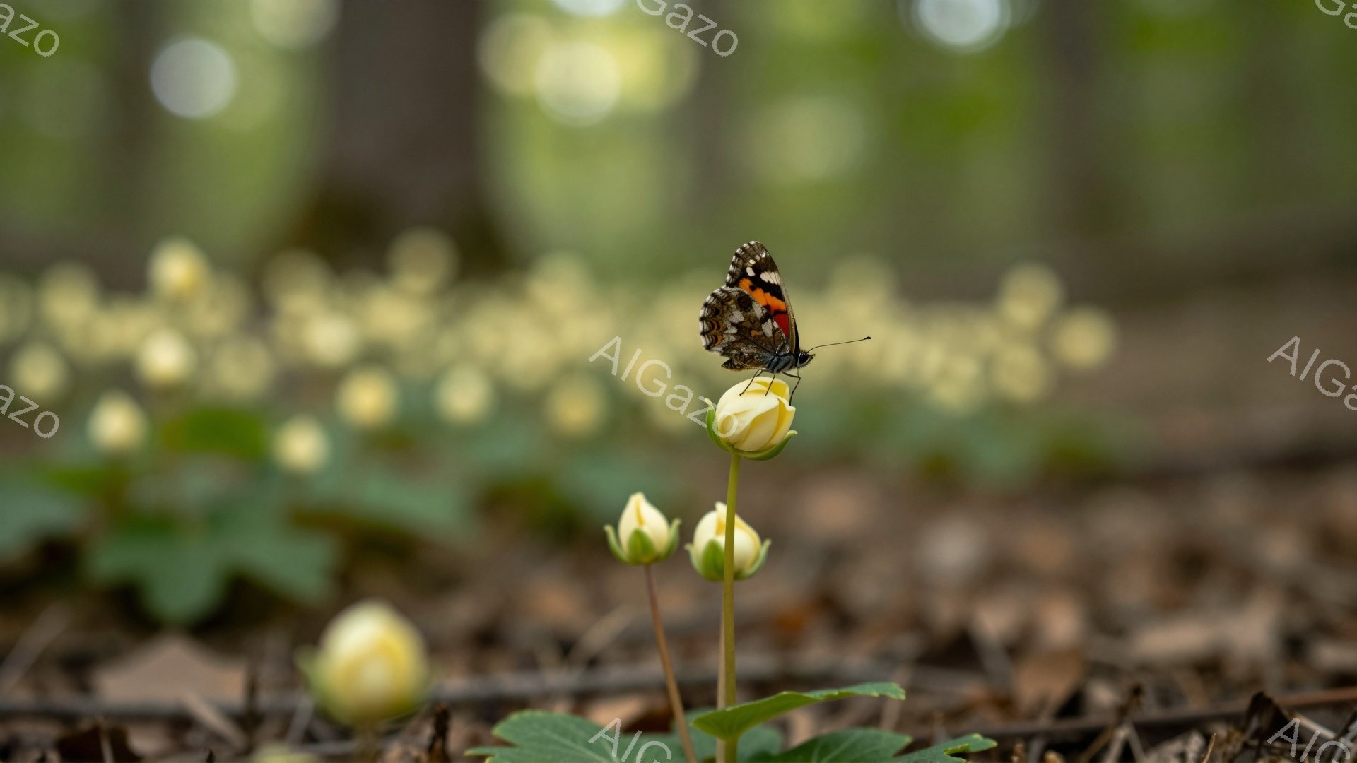 緑豊かな背景に、小さな白い花の上に茶色と黒の模様の蝶がとまっている。背景はぼかされており、花と蝶が際立っている。暖かく穏やかな雰囲気が漂う自然の風景だ。 - AI生成フリー素材