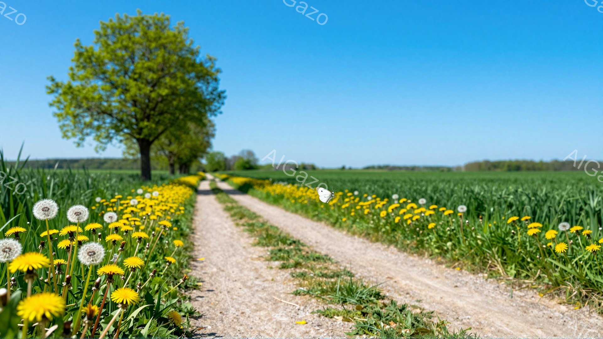 見渡す限りのタンポポ畑の中を、道が続いています。青空の下、緑豊かな風景が広がり、蝶が舞っている様子が春の訪れを感じさせます。道沿いの鮮やかな黄色と緑が、のどかな田園風景を彩っています。 - AI生成フリー素材