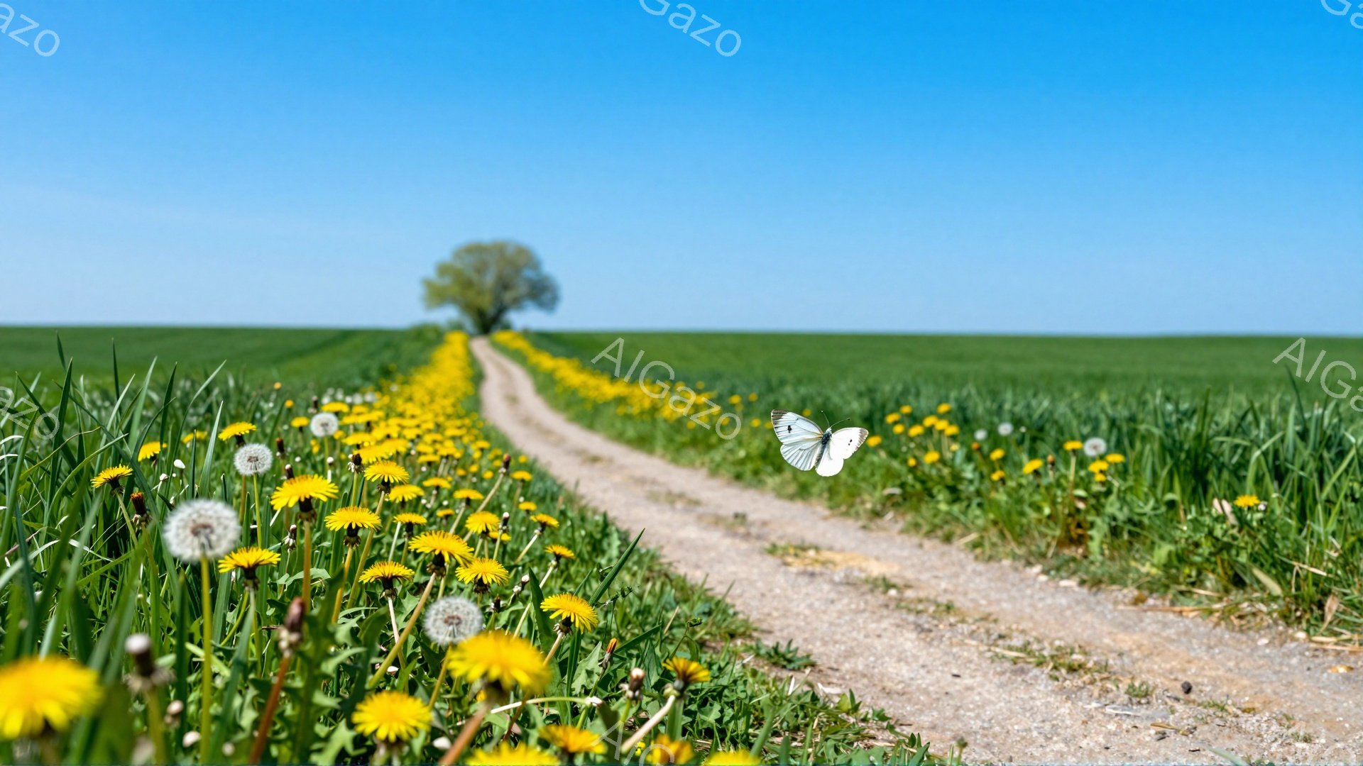 鮮やかな緑の草原とタンポポが咲き乱れる道が、遠くの木々へと続いています。空は青く澄み、蝶が飛んでいる様子から穏やかで平和な雰囲気が伝わってきます。春の暖かな日差しが感じられる風景です。 - AI生成フリー素材