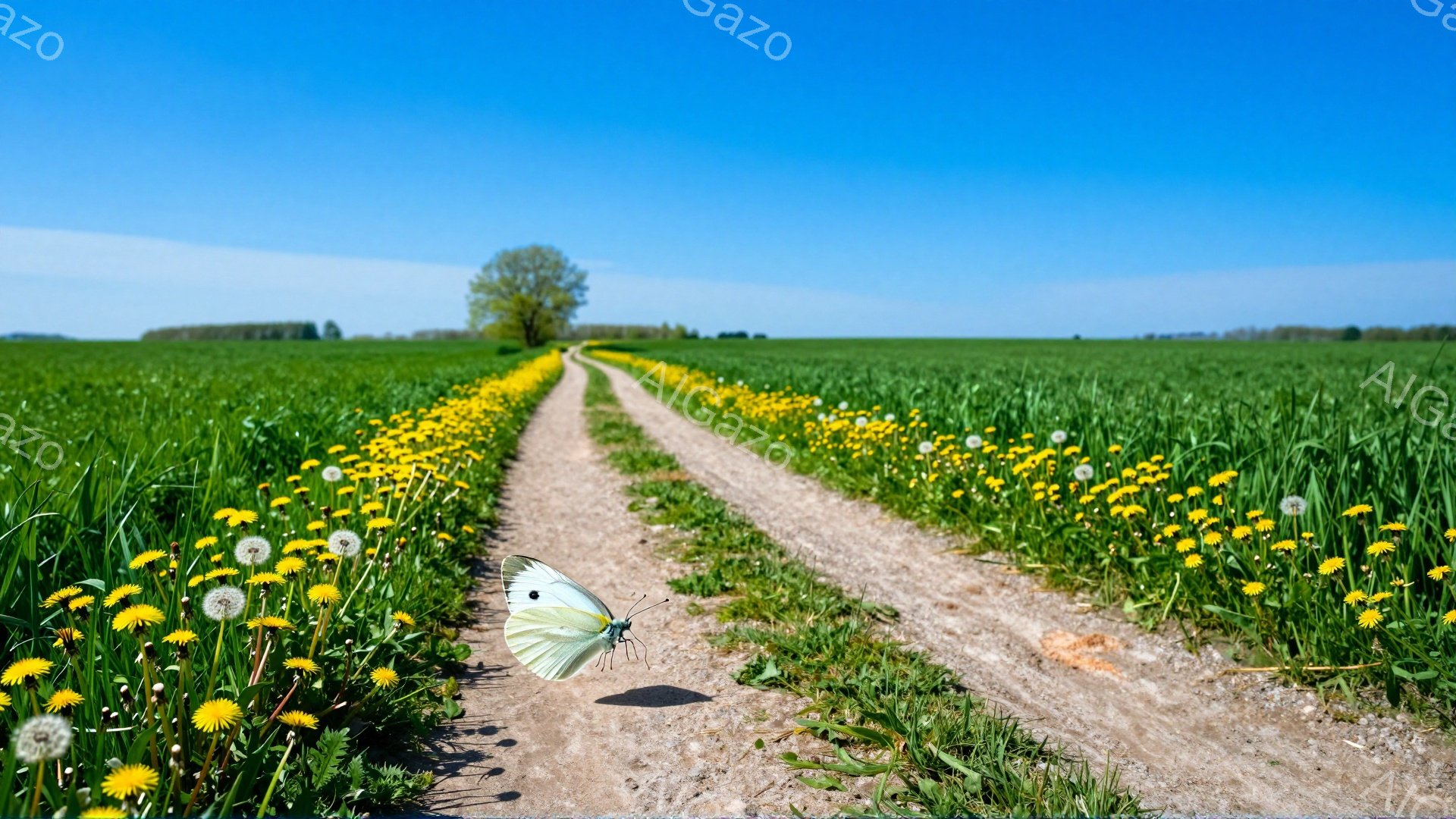 鮮やかな緑の草原とタンポポが咲き乱れる土道が続く風景です。白い蝶が飛び交い、遠くには木々が見えます。春の暖かく穏やかな一日が感じられる、平和な光景です。 - AI生成フリー素材