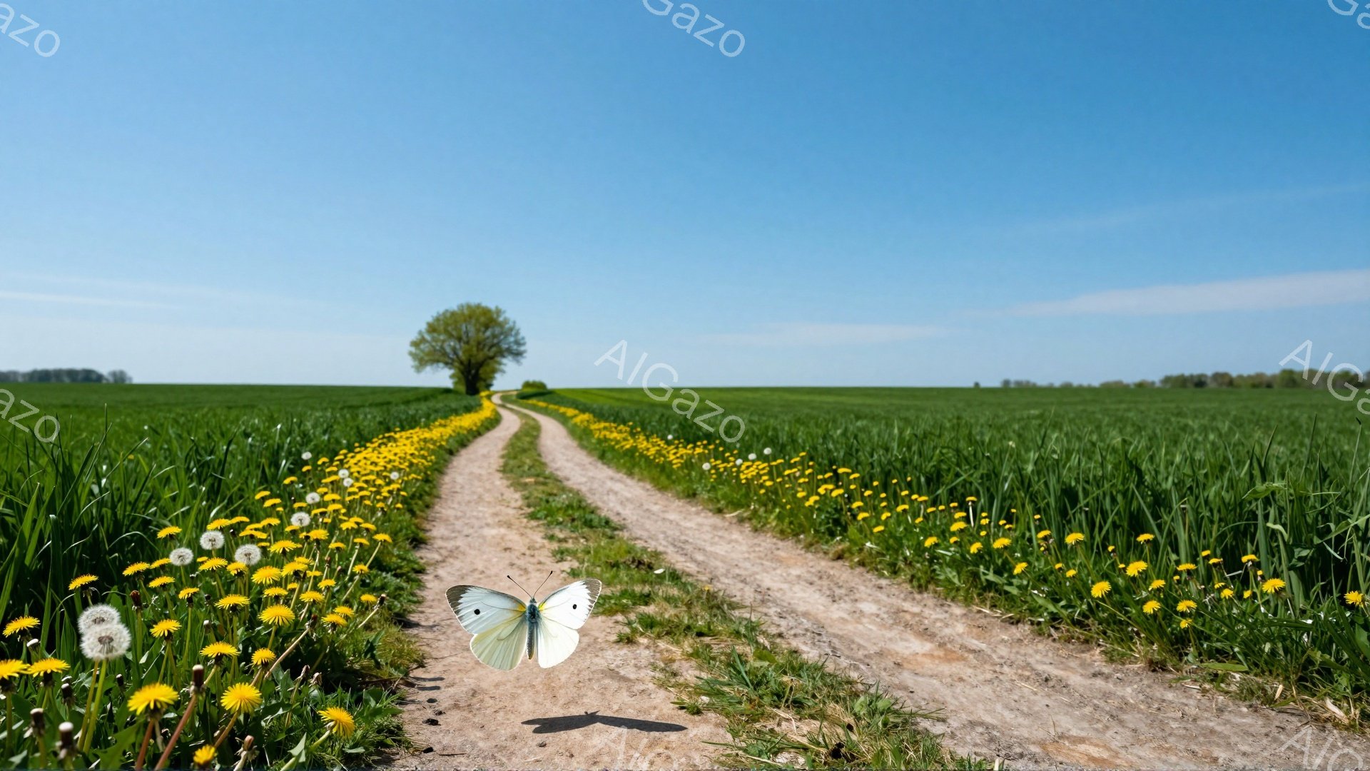 広大な草原の中を土道が通り、道の両脇にはタンポポが咲き乱れている。空は澄んだ青空で、遠くには木が見える。蝶が舞い、穏やかで平和な雰囲気が漂う。 - AI生成フリー素材