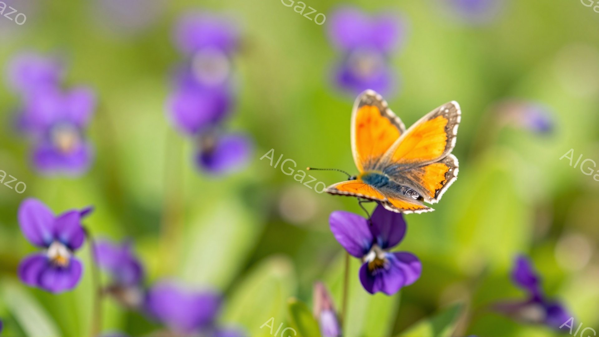 紫色のスミレの花の上に、オレンジ色の蝶が羽を広げてとまっています。背景は緑の草むらで、柔らかい光が差し込み、穏やかな春の日の雰囲気を醸し出しています。蝶の鮮やかな色彩が、紫色の花々とコントラストを作り - AI生成フリー素材