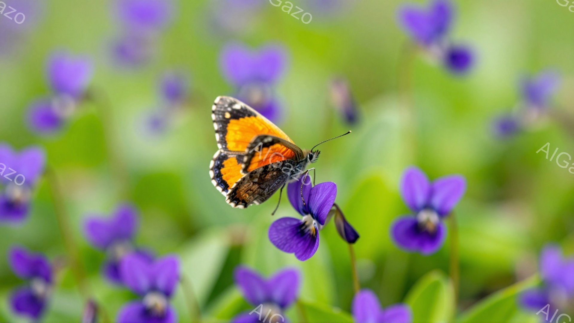 明るい紫色のスミレの花の上に、オレンジと黒の模様が美しい蝶がとまっています。背景にはぼやけた緑の葉とさらに多くのスミレの花が広がり、春の穏やかな雰囲気を醸し出しています。蝶は羽を広げ、まるで春の訪れを - AI生成フリー素材