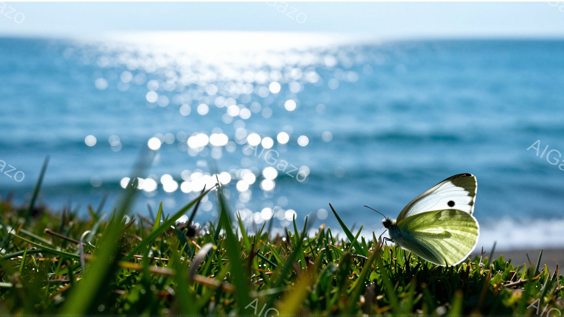 緑の草の上に、白い蝶がとまって休んでいる。背景には穏やかな青い海が広がり、太陽の光が水面でキラキラと輝いている。全体的に穏やかで平和な雰囲気である。 - AI生成フリー素材