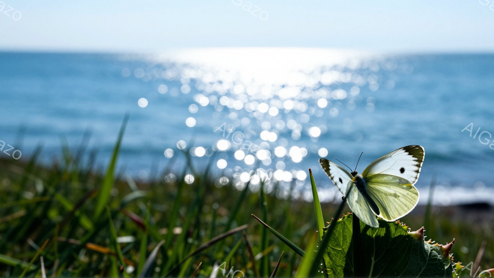 青々とした草の上に白い蝶が止まっています。背景には、太陽の光が反射してキラキラと輝く海が広がり、穏やかで美しい風景を作り出しています。鮮やかな緑と白い蝶、そして輝く海とのコントラストが印象的です。
