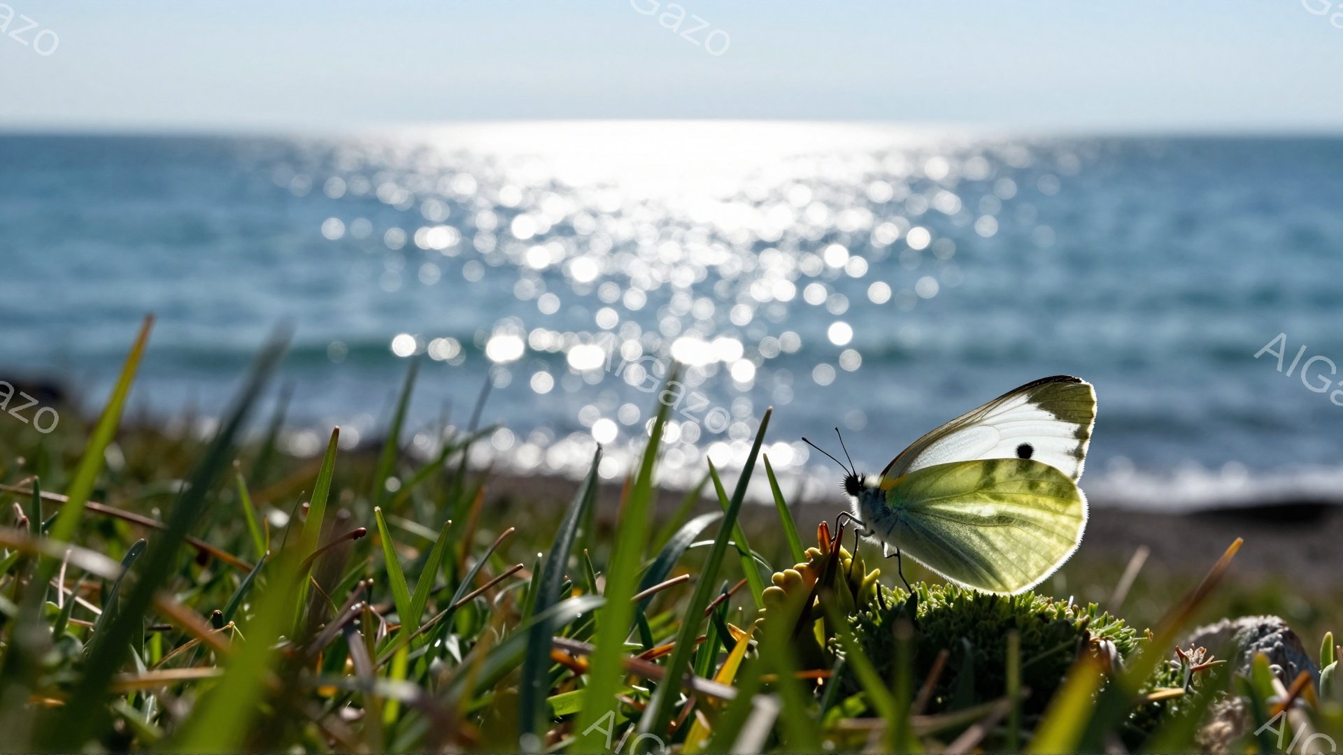 鮮やかな緑の草の上に白い蝶がとまっている。背景にはキラキラと輝く海が広がり、穏やかで平和な雰囲気を醸し出している。光が差し込み、自然の美しさが際立っている。 - AI生成フリー素材