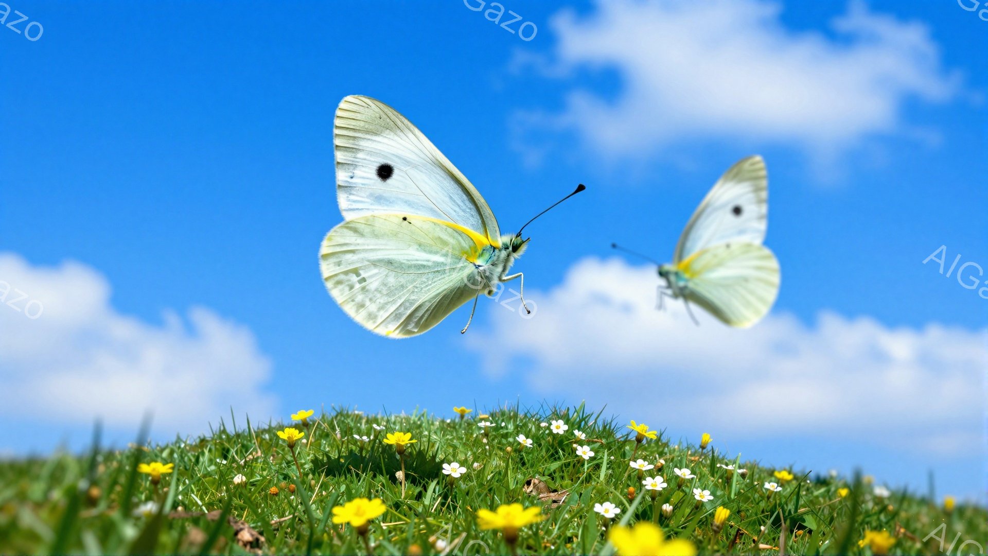 青々とした草の上を、二匹の白い蝶が舞っている。背景には青空が広がり、小さな黄色や白い花々が咲き乱れている。穏やかで平和な雰囲気が感じられる、春らしい光景だ。 - AI生成フリー素材