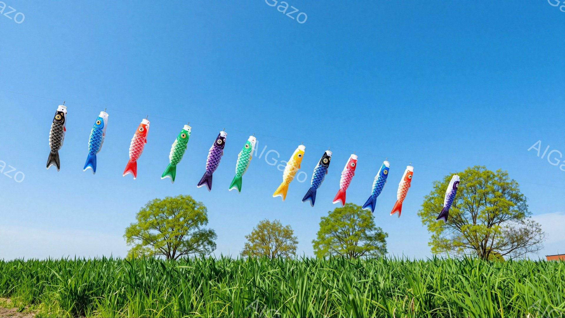鮮やかな鯉のぼりが青空の下、緑の草むらの中に並んでいます。鯉のぼりはそれぞれ異なる色で、風を受けて空中で揺れています。春の穏やかな日差しが感じられる、平和な光景です。