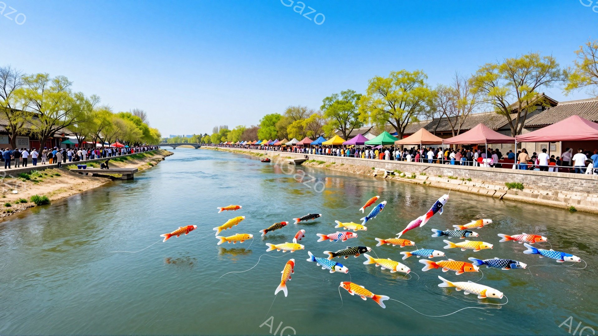 鯉のぼりが空中に並んで飛んでおり、川沿いには多くの人々が立ち並んでいます。人々は様々で、子供から大人まで、春の陽気な日を楽しんでいる様子が伺えます。背景には緑豊かな木々と、イベント用のテントが並び、お - AI生成フリー素材