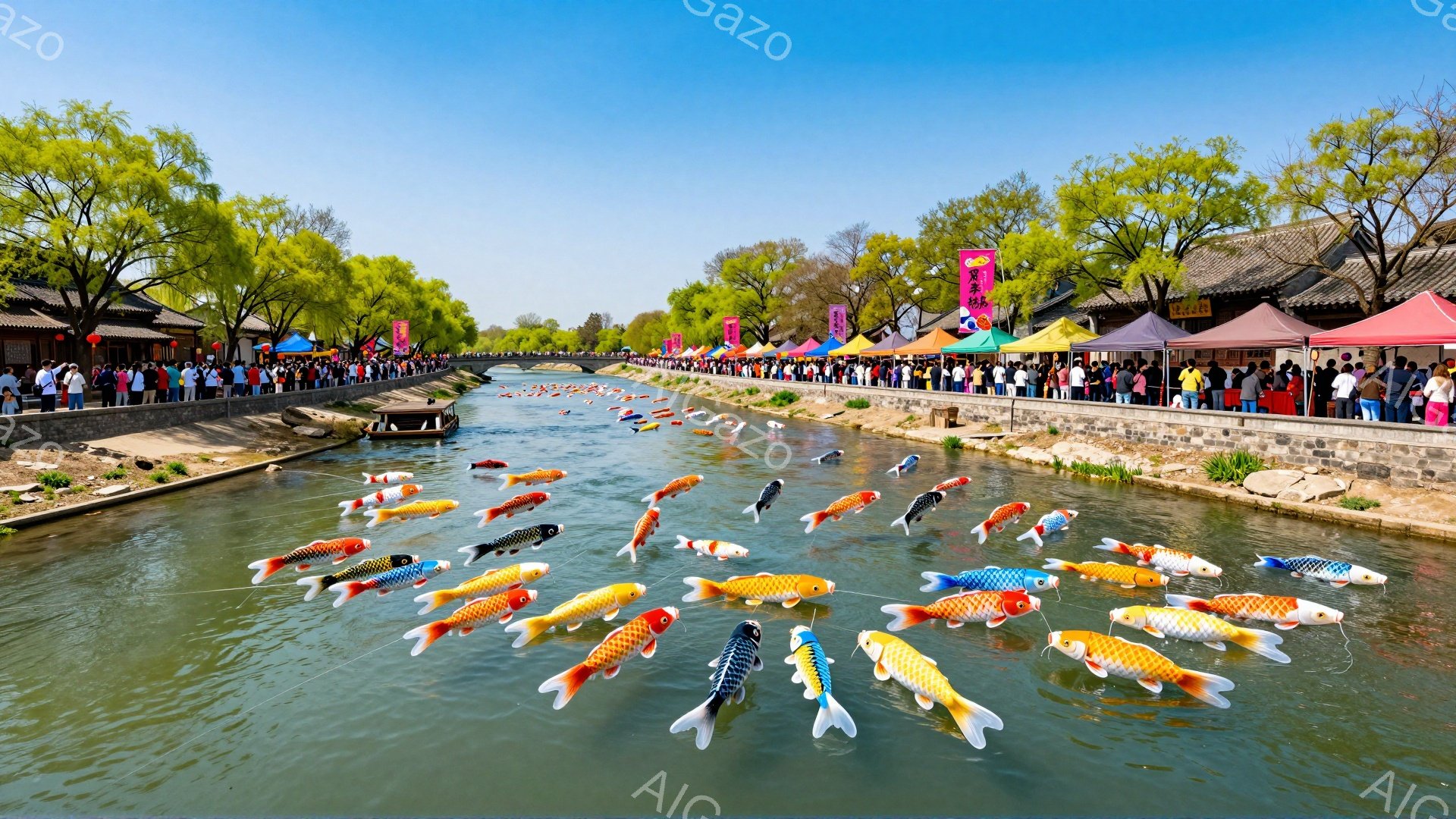 色とりどりの鯉の形をした凧が川の上を舞い、春の祝祭りを盛り上げています。川沿いには多くの人々が集まり、その様子を写真に収めたり、お祭りを楽しんでいます。背景には伝統的な建築様式が見られ、活気のあるお祭りの雰囲気が伝わってきます。