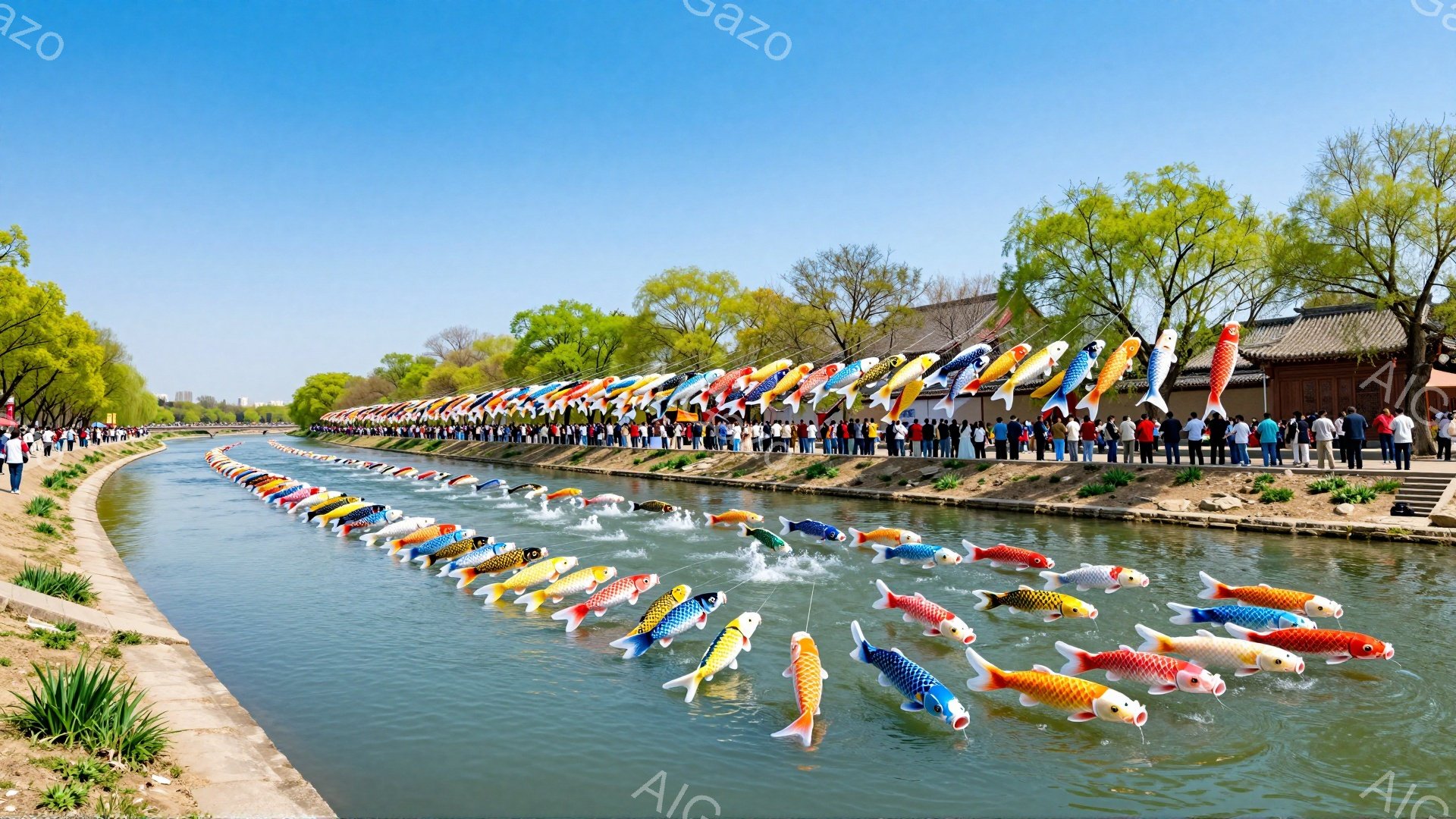 川には色とりどりの鯉のぼりが並び、春の風に乗って泳いでいるように見えます。岸には多くの人々が立ち並び、その光景を写真に撮ったり、楽しんだりしています。背景には緑豊かな木々と建物が見え、穏やかで活気のあ - AI生成フリー素材