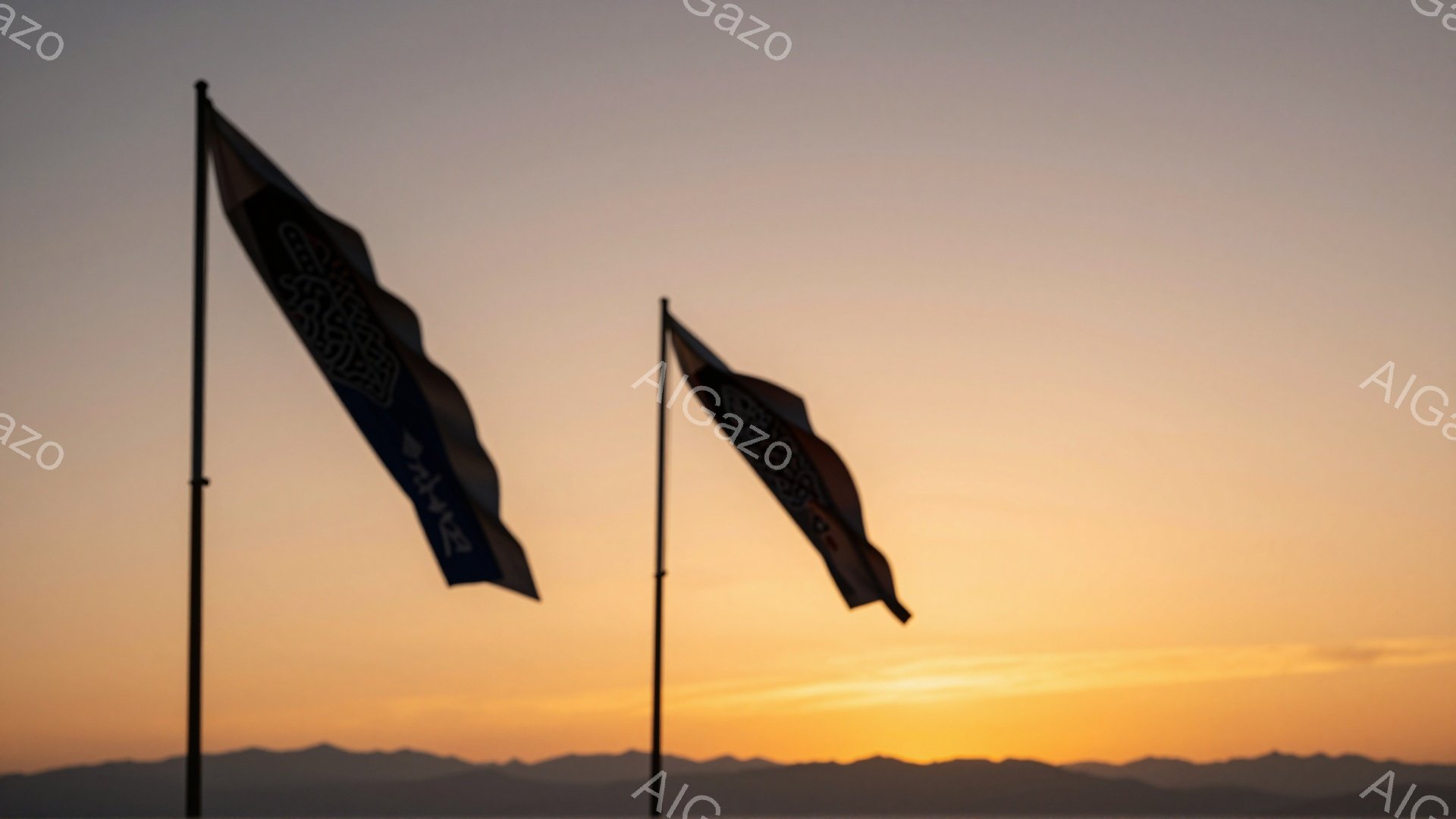夕焼けを背景に、二本の旗が風になびいている。旗にはアラビア文字のような模様が描かれており、異国情緒を感じさせる風景である。地平線には山並みがぼんやりと見え、穏やかで静謐な雰囲気が漂っている。