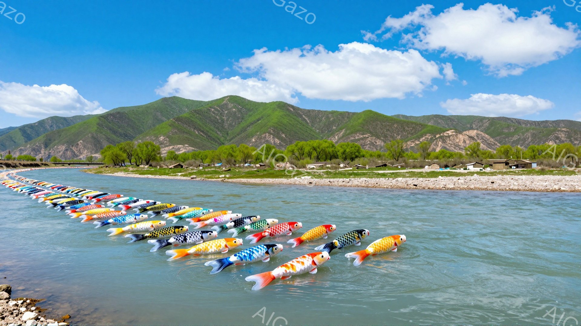 鮮やかな鯉の形をした提灯が川を流れ、春の風景の中に幻想的な雰囲気を醸し出しています。背景には緑豊かな山々が広がり、澄んだ空と水が自然の美しさを際立たせています。子供たちが楽しむお祭りやイベントの一場面のようです。