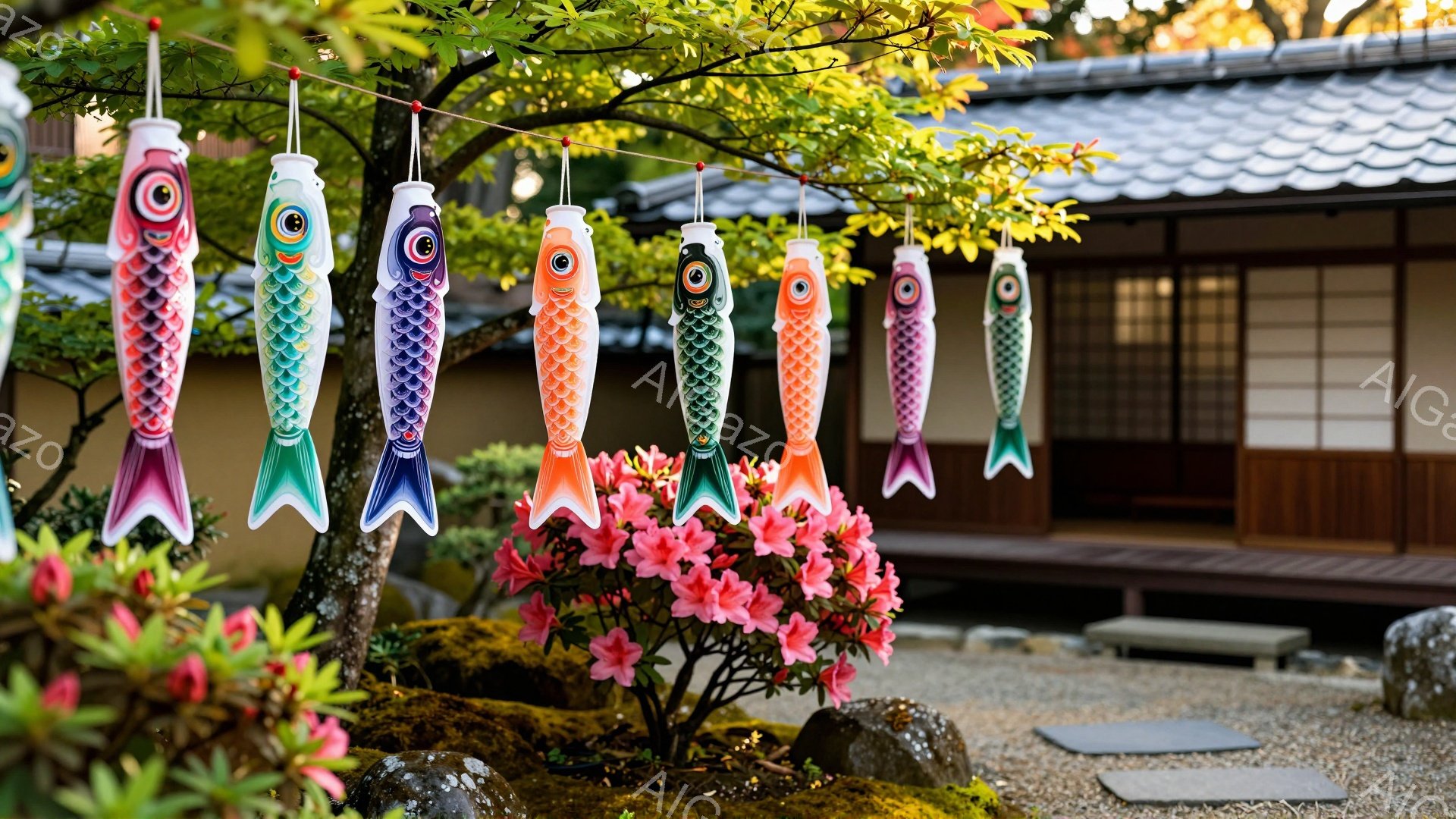 鯉のぼりが庭に飾られており、その下にはピンク色のつつじの花が咲き誇っています。背景には伝統的な日本の家屋が見え、穏やかで平和な春の日の雰囲気が漂っています。鮮やかな色彩と自然の美しさが調和し、心地よい光景です。