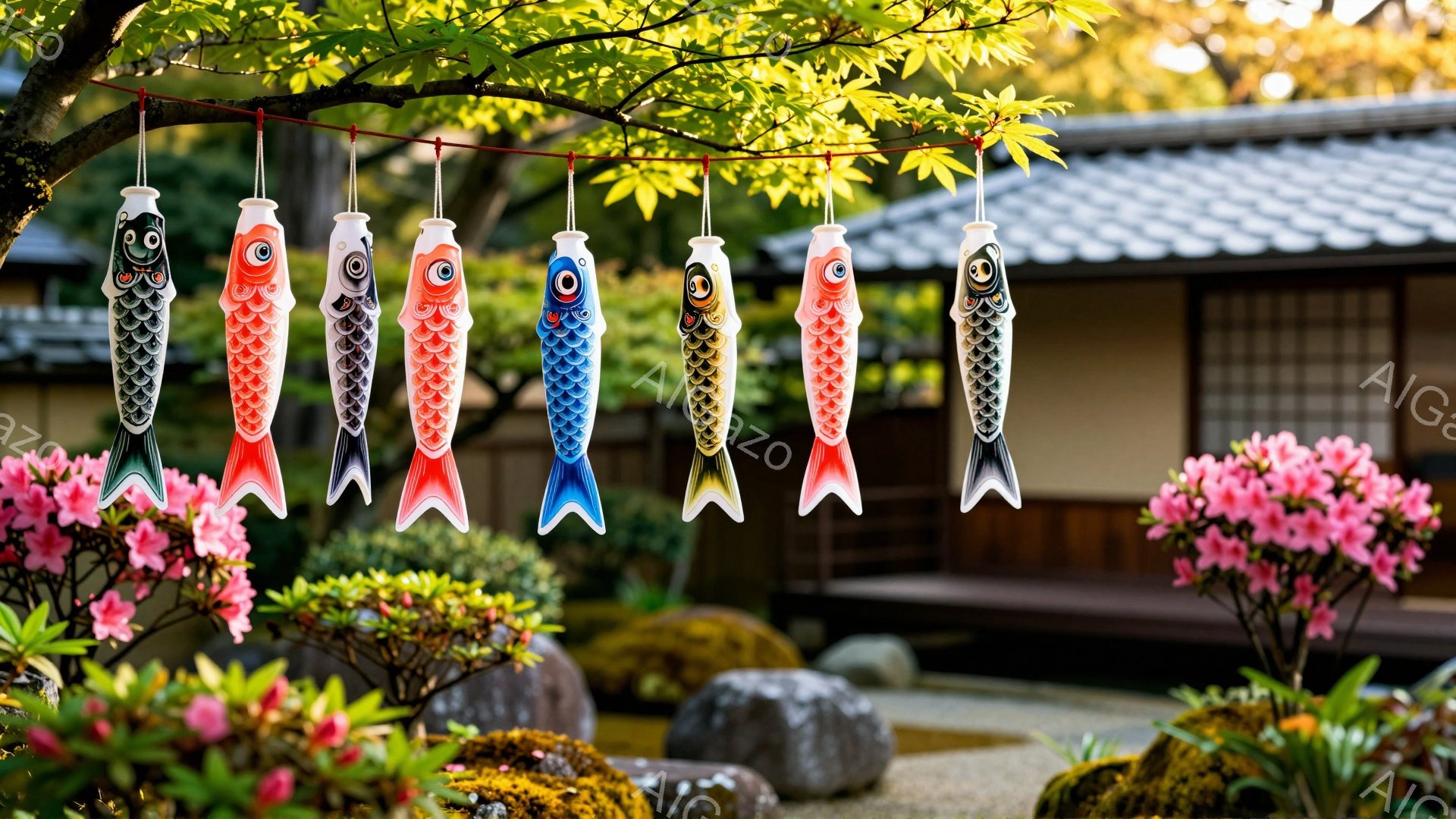 鯉のぼりが庭に飾られており、鮮やかな色彩が春の陽光に照らされています。背景には日本庭園の石灯籠や植物が見え、落ち着いた和の雰囲気が漂います。鯉のぼりは子供たちの健やかな成長を願う伝統的な飾りです。