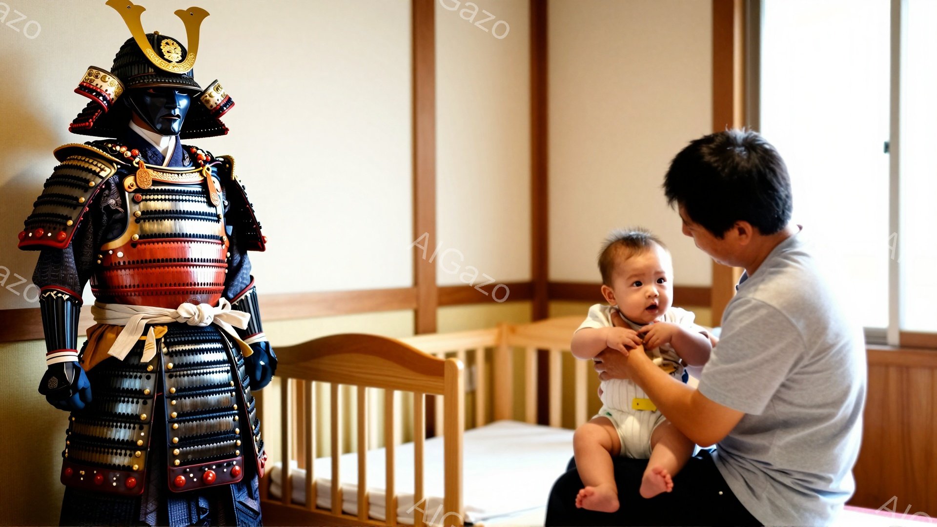 鎧兜をつけた武者が部屋の中に立っており、その前で父親が幼い子供を抱えて遊んでいます。背景にはベビーベッドがあり、室内は明るく温かい雰囲気です。伝統と現代が混ざり合った、穏やかな家族の光景が描かれています。