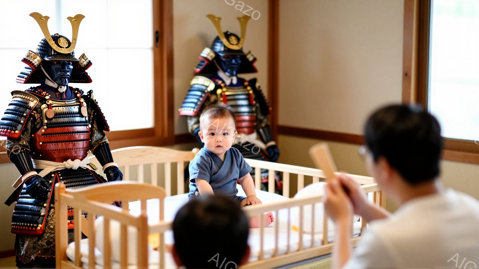 赤ちゃんはベビーベッドの中で座っており、好奇心に満ちた表情でこちらを見ている。背景には、甲冑を身に着けた武者が2体並んでおり、日本の伝統的な雰囲気を醸し出している。全体的に温かく、穏やかな家庭の光景がうかがえる。