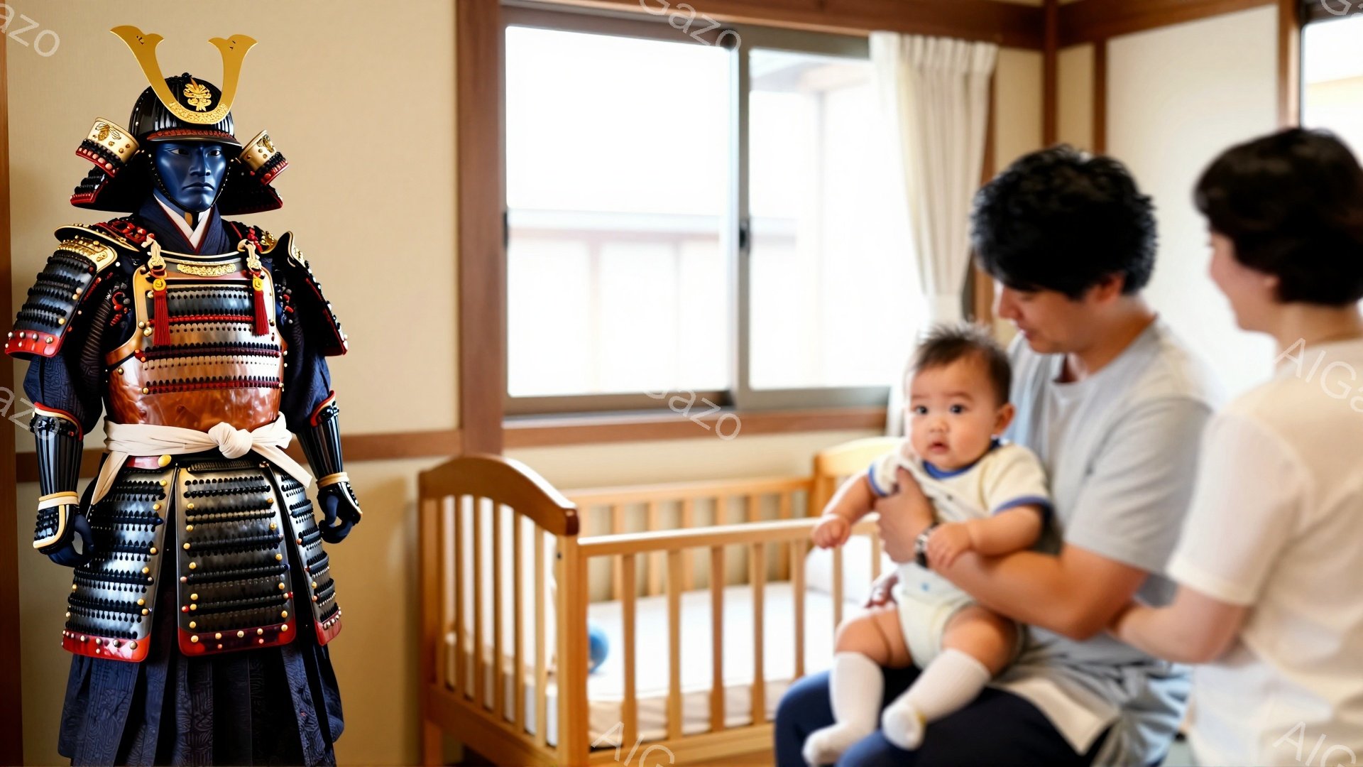 鎧兜を身に着けた人形が部屋に飾られています。母親が赤ちゃんを抱え、人形を見ながら微笑んでいます。背景にはベビーベッドがあり、穏やかで温かい家庭の雰囲気が漂っています。