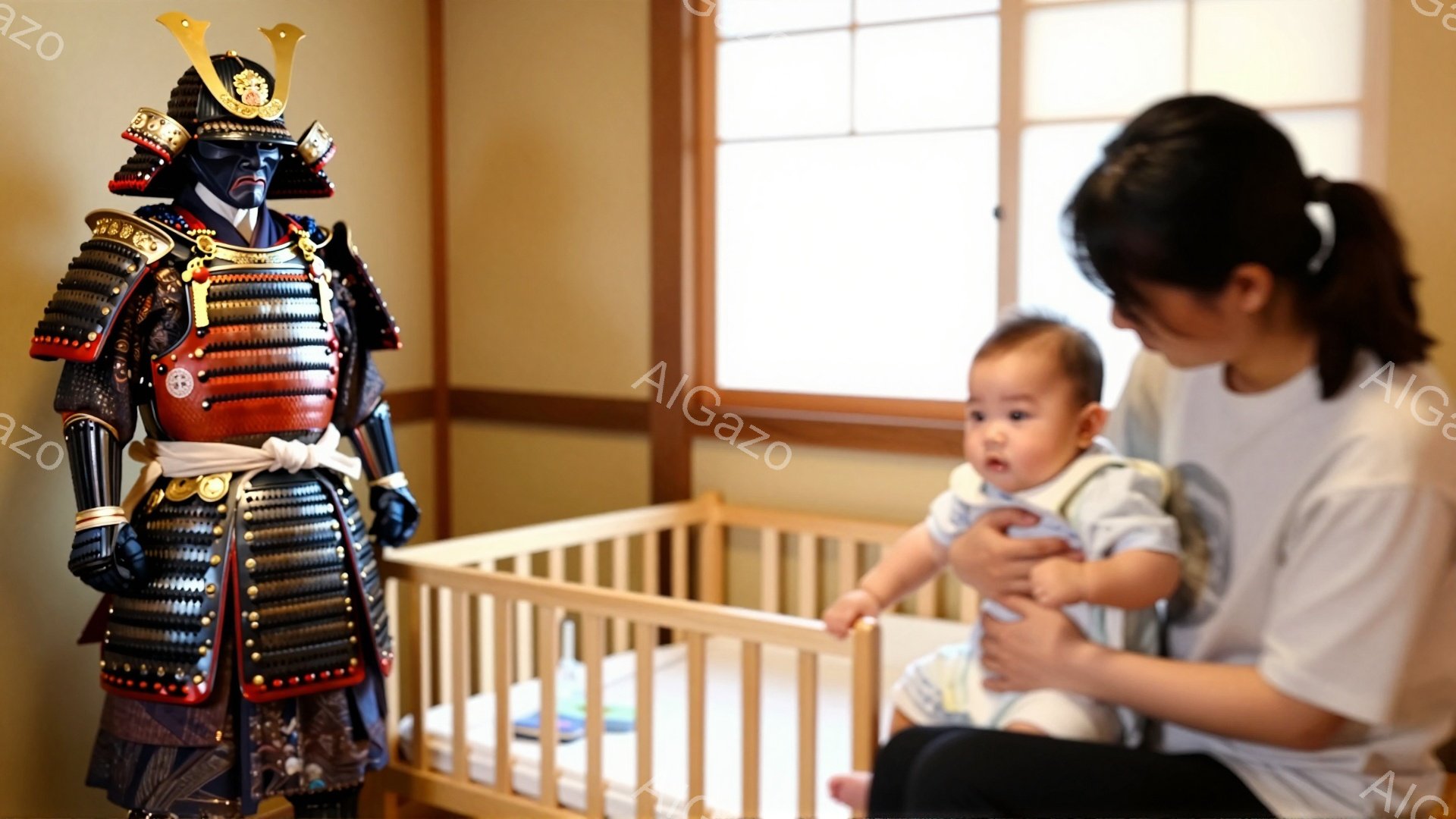 鎧兜を身につけた武者が部屋に立っており、母親が赤ちゃんを抱きかかえ、ベビーベッドのそばに座っている。明るい室内には、暖かく穏やかな雰囲気が漂っている。伝統的な武士の姿と、優しい母親の姿が対照的で、印象的である。