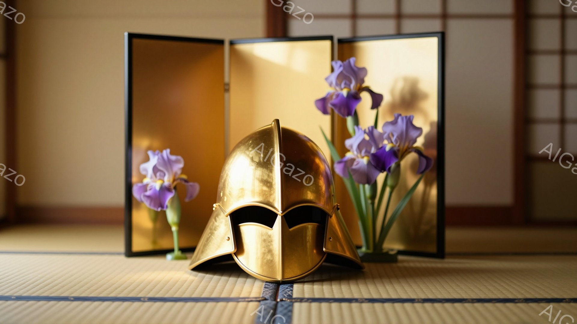 畳の上に金色の兜が置かれており、背景には金箔を施した屏風と紫の菖蒲の花が飾られています。 兜は光沢があり、日本の伝統的な武士の装束を彷彿とさせます。 静かで落ち着いた雰囲気の中で、日本の美意識が表現さ - AI生成フリー素材