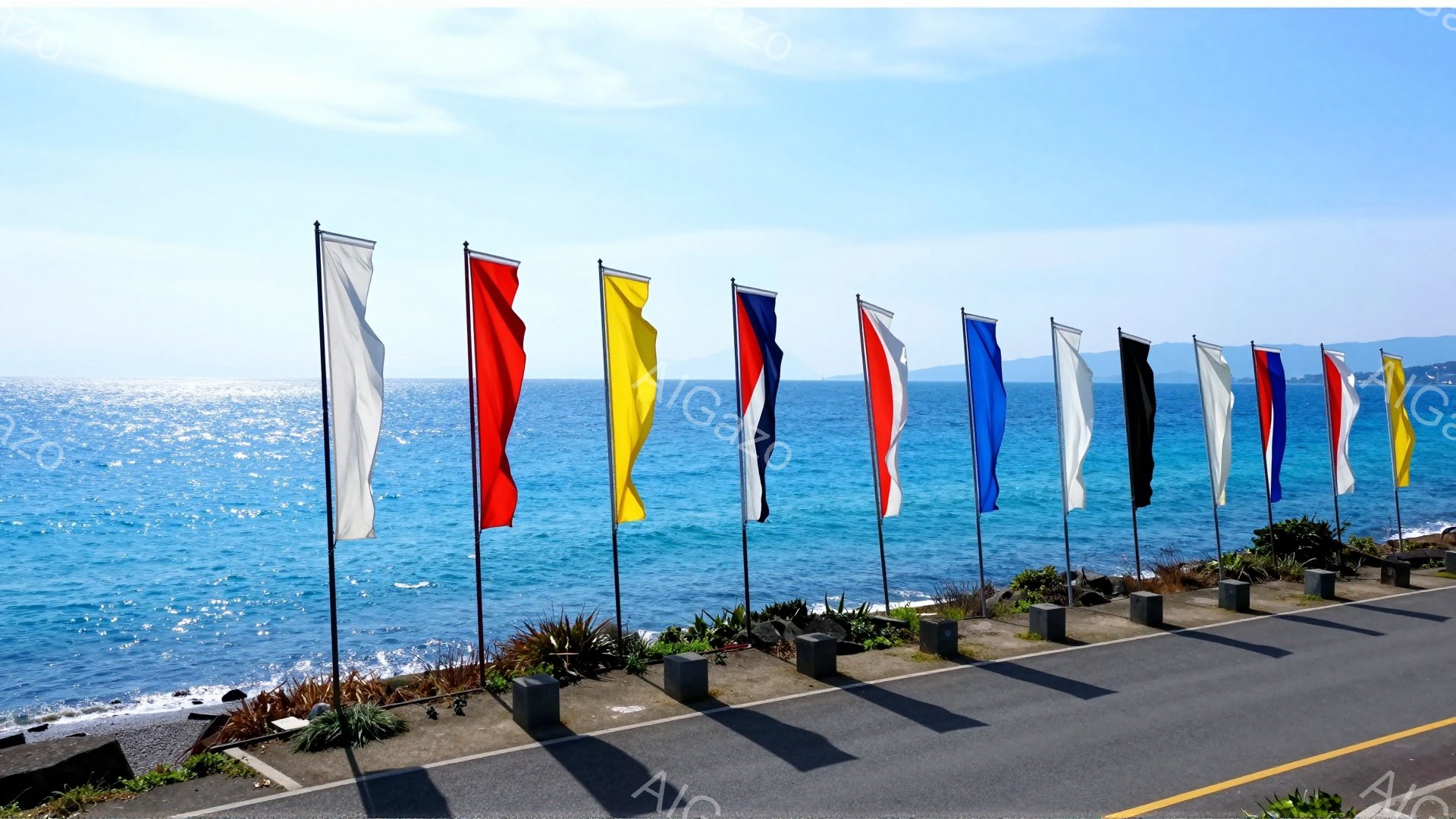 海岸沿いにカラフルな旗が並び、太陽の光を浴びて輝いている。青い海と空が広がり、穏やかで平和な雰囲気を醸し出している。道路脇には緑豊かな植物が植えられ、自然と人工の調和が美しい。
