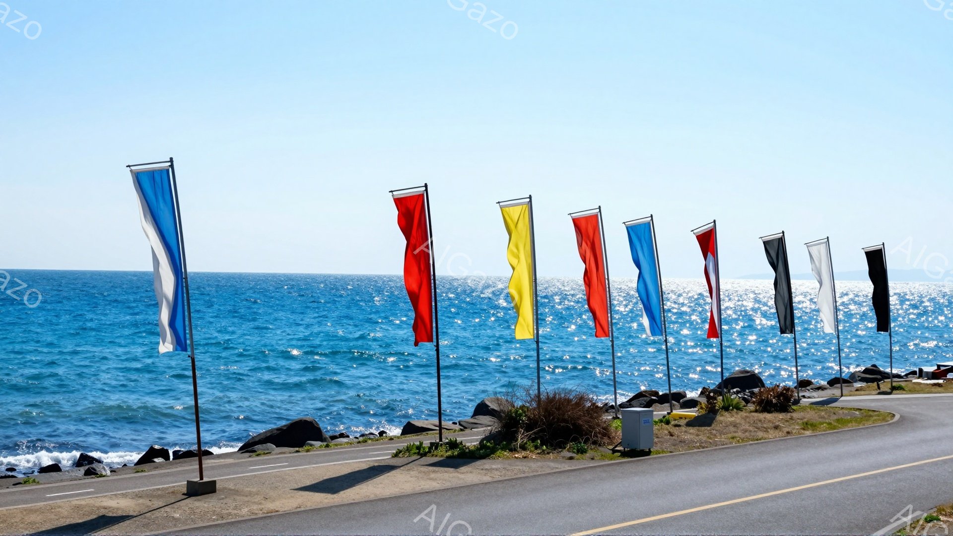 海岸沿いに色とりどりの旗が並んでおり、太陽の光を浴びてキラキラと輝く海が背景に見える。アスファルトの道と黒い岩場が続いており、穏やかな雰囲気の中で自然の美しさを感じられる。旗の色は白、赤、黄色、青、黒 - AI生成フリー素材