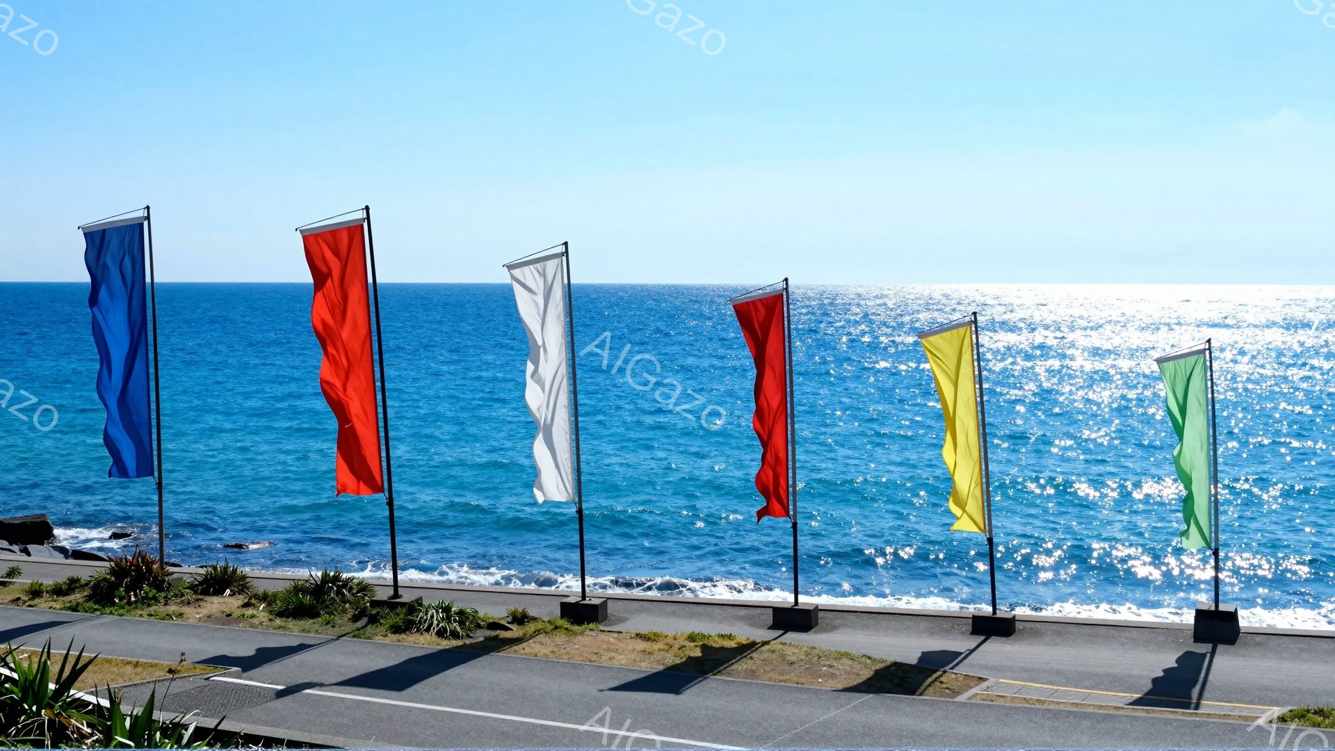 青い空と輝く海を背景に、カラフルな旗が並んで立っている。道路脇の緑地が旗の根元を囲み、穏やかな日差しが降り注いでいる。空と海のコントラストが鮮やかで、爽やかな雰囲気が感じられる。