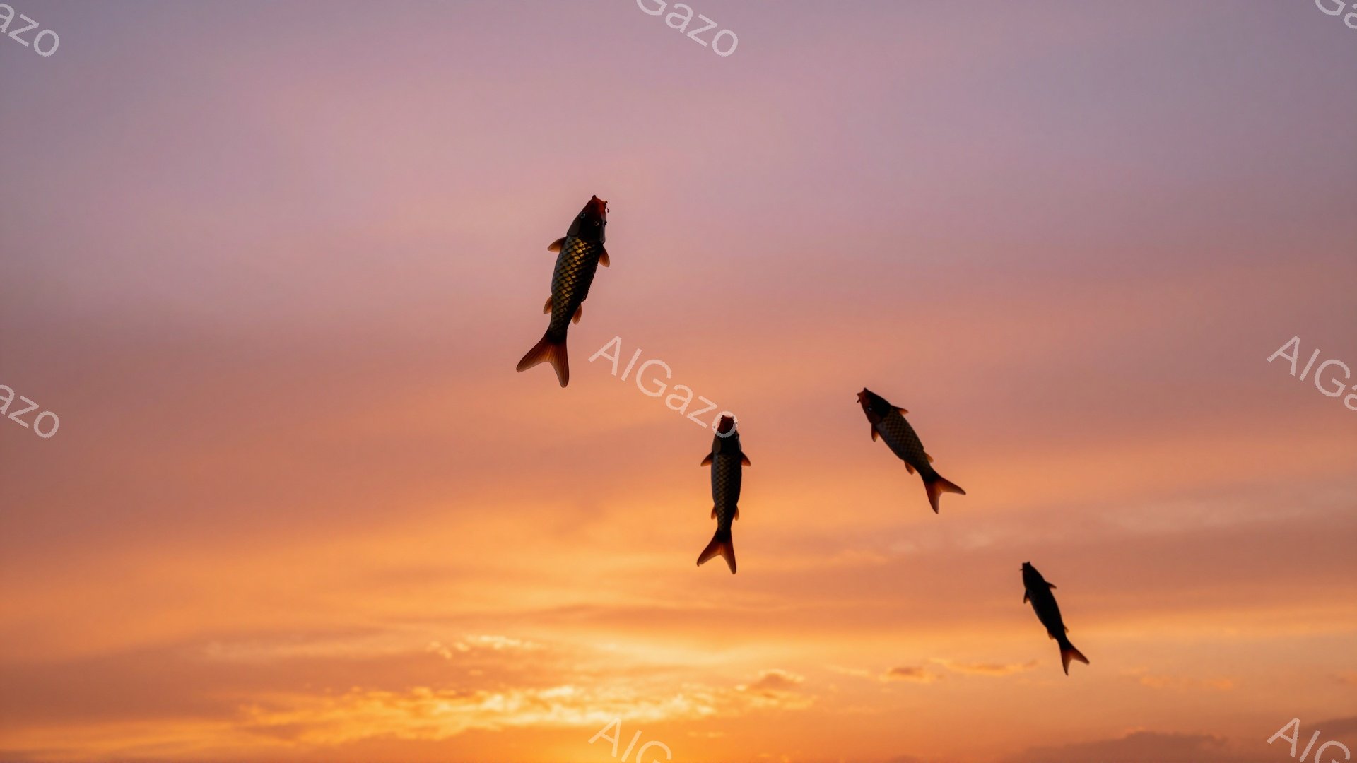 鮮やかな夕焼け空を背景に、まるで空を泳いでいるかのような鯉が複数匹写っている。空はオレンジやピンクのグラデーションで、幻想的な雰囲気を醸し出している。鯉のシルエットが夕焼けに映え、力強さと優雅さを感じさせる。