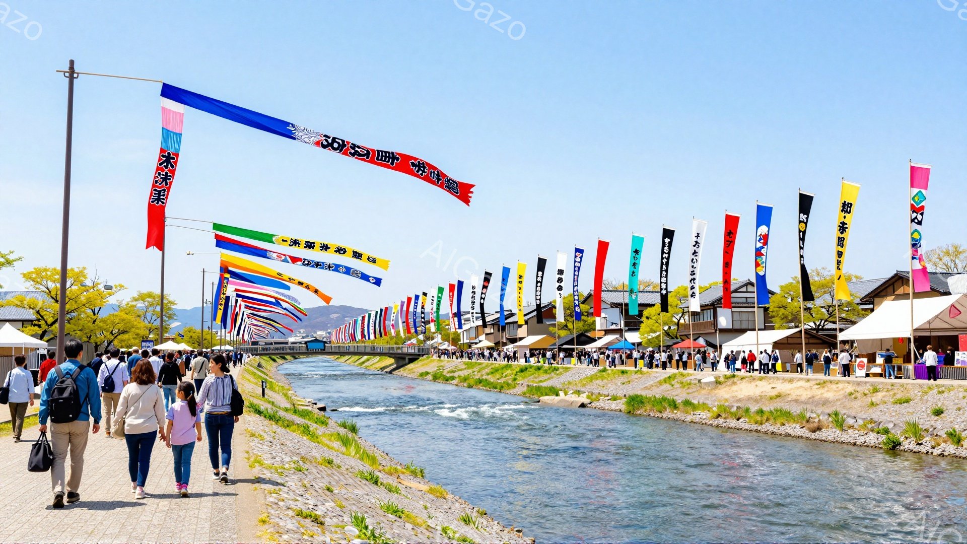川沿いに人々が歩いている風景です。カラフルな旗が並び、お祭りかイベントが行われているようです。暖かい日差しと緑が豊かで、活気のある雰囲気です。 - AI生成フリー素材