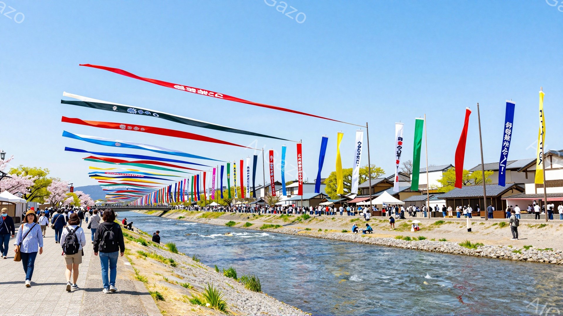 川沿いに色とりどりの旗が並び、多くの人々が歩いている春の光景です。人々はカジュアルな服装で、リラックスした様子で散歩を楽しんでいます。背景には商店街が見え、賑やかな雰囲気が伝わってきます。