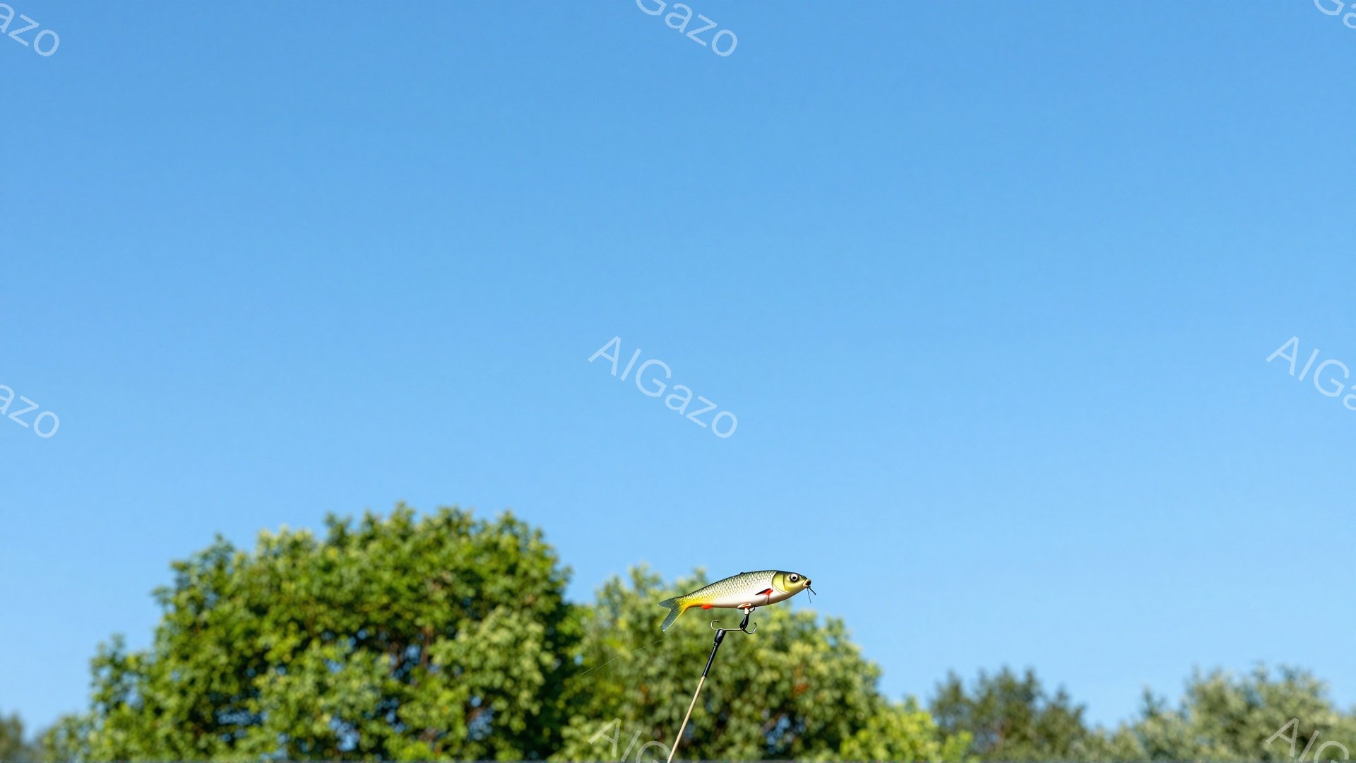 空には雲一つなく、鮮やかな青色に染まっています。緑豊かな木々の間から、カラフルな魚の形をした凧が空高く舞い上がっており、風を受けて優雅に飛び回っている様子が伺えます。平和で穏やかな夏の日の光景です。