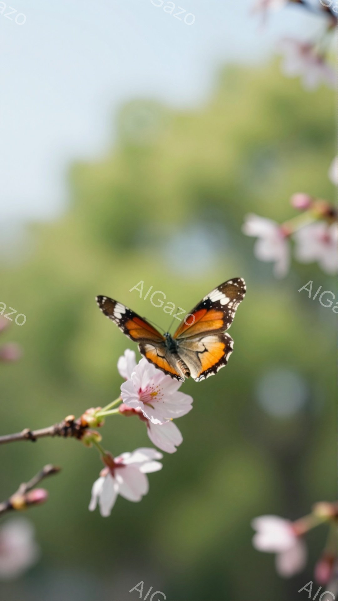 桜の花の上に鮮やかなオレンジ色の蝶がとまっている。背景は緑色の葉で、春の穏やかな日差しが感じられる。蝶の模様は美しく、春の訪れを告げる象徴のようである。 - AI生成フリー素材
