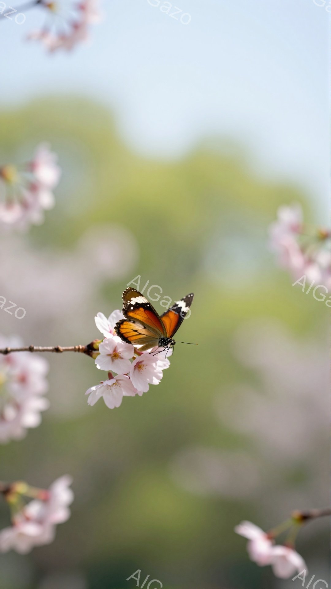 桜の木に止まった鮮やかな蝶が印象的な写真です。淡いピンク色の桜の花々と、黒と白のコントラストが美しい蝶が調和し、春の穏やかな雰囲気を醸し出しています。背景はぼかされており、蝶と桜が際立っています。 - AI生成フリー素材