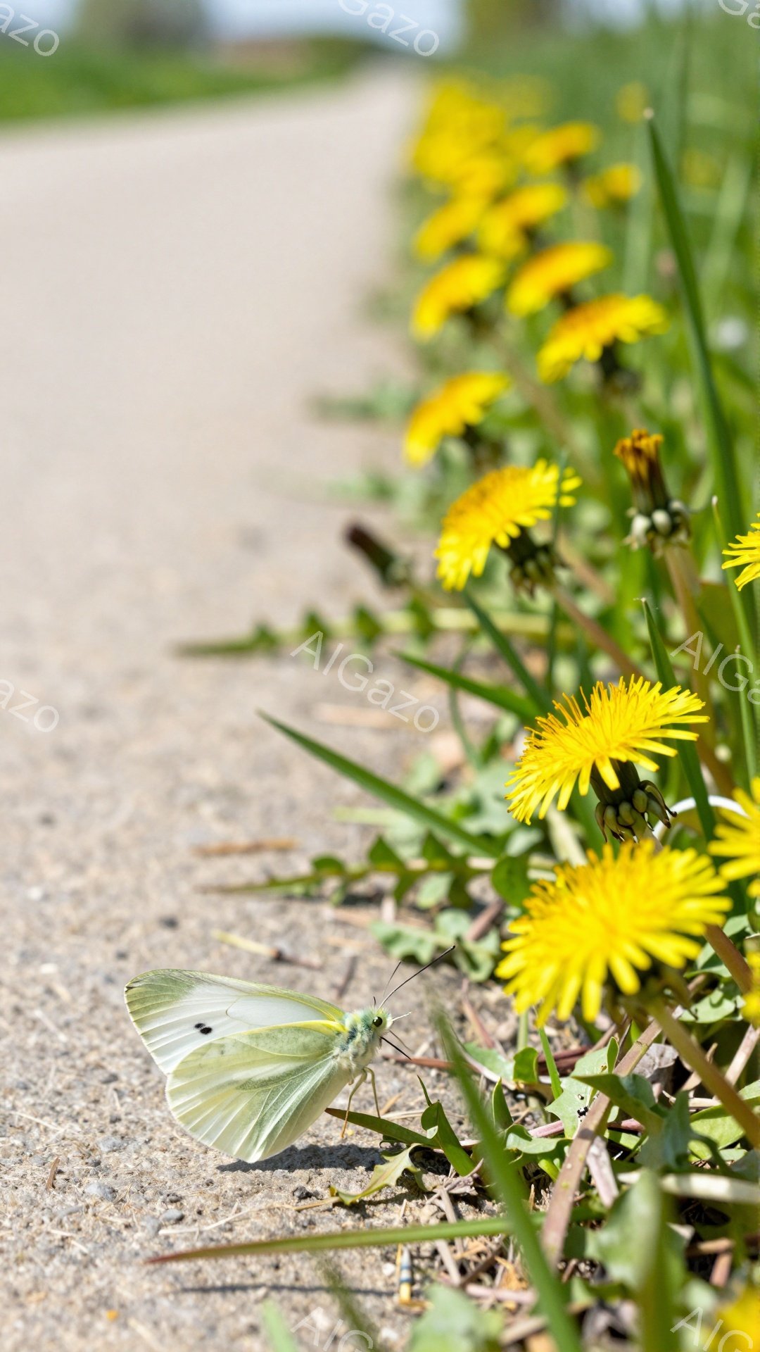 道端にタンポポが咲き乱れ、白い蝶がひらひらと舞っている。背景には緑の草むらとぼやけた道が広がり、春の穏やかな雰囲気を捉えている。蝶の繊細な羽とタンポポの鮮やかな黄色が印象的だ。 - AI生成フリー素材