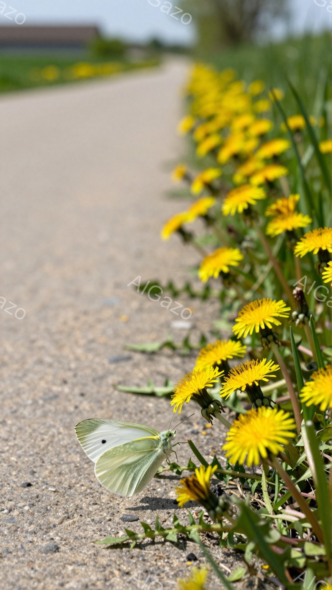 土の道に沿ってタンポポが咲き乱れ、白い蝶が一つ咲いているタンポポにとまっている。空は青く、草木が生い茂り、暖かい春の日の雰囲気が感じられる。光が柔らかく、自然な美しさが際立っている。