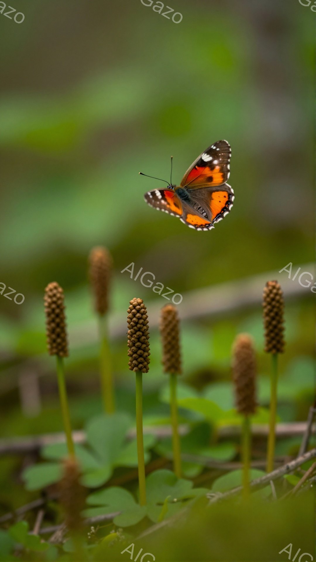 オレンジと黒の模様が美しい蝶が、緑色の植物の上空を舞っている。植物は、細長い穂のような形をしており、背景は緑豊かな草木でぼやけている。暖かく穏やかな雰囲気で、自然の美しさを捉えた写真である。 - AI生成フリー素材