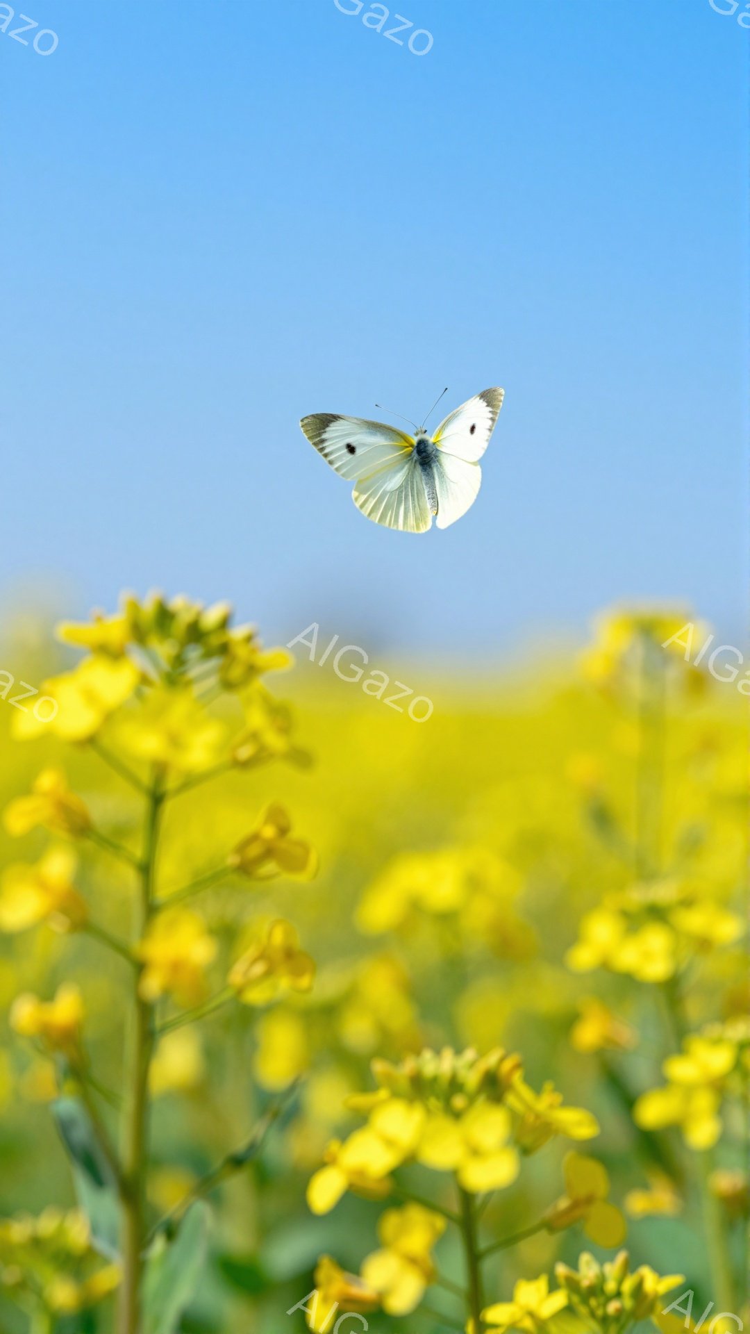 青空を背景に、黄色い菜の花畑が広がる中、白くて美しい蝶が舞っている。菜の花は太陽の光を浴びて鮮やかに輝き、蝶とのコントラストが印象的だ。穏やかで暖かい春の日の情景が目に浮かぶ。 - AI生成フリー素材