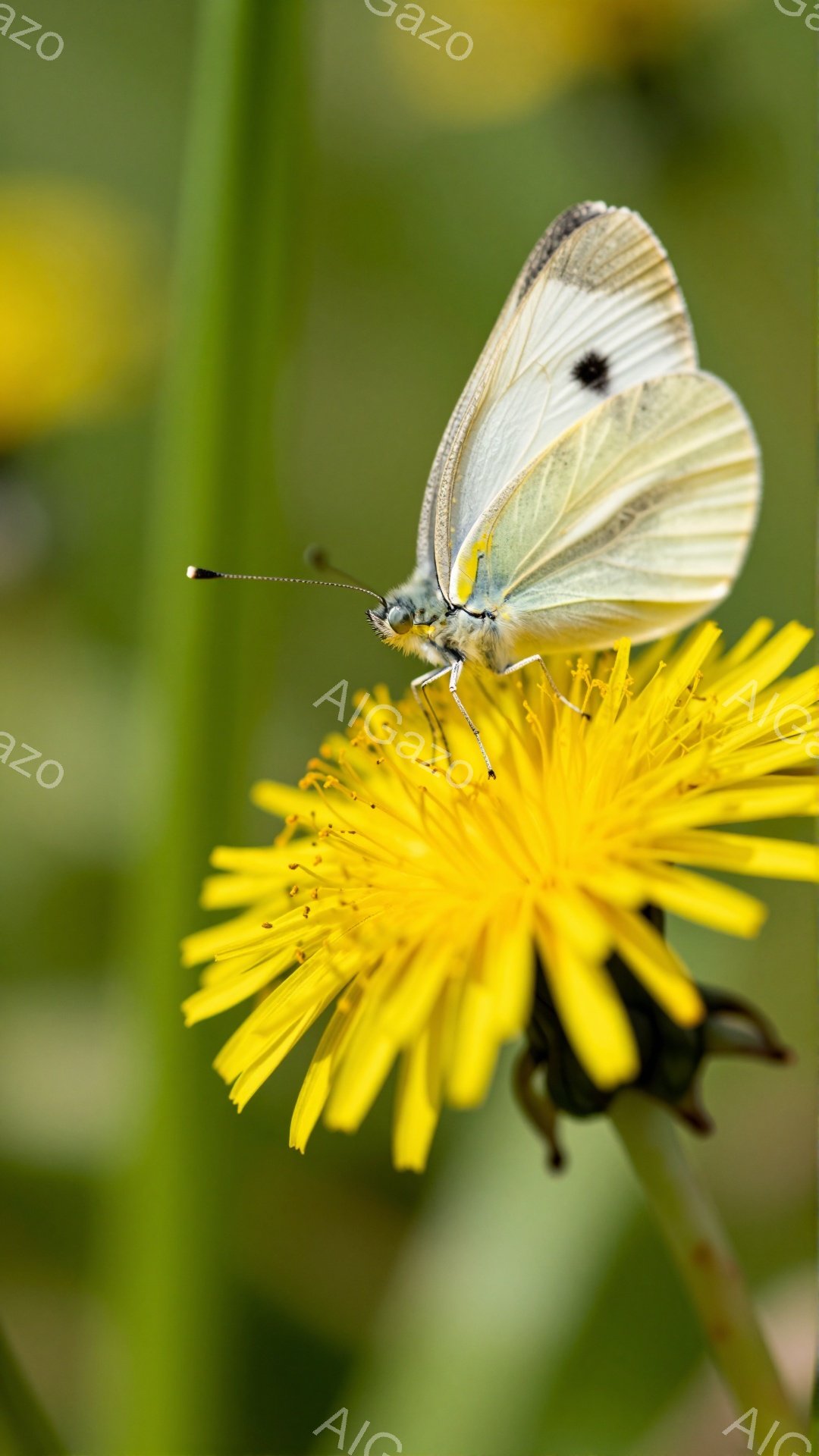 淡黄色のチョウがタンポポの上にとまっています。緑色の背景に黄色い花が映え、春の穏やかな雰囲気が感じられます。チョウの繊細な模様とタンポポの明るい色が印象的です。 - AI生成フリー素材