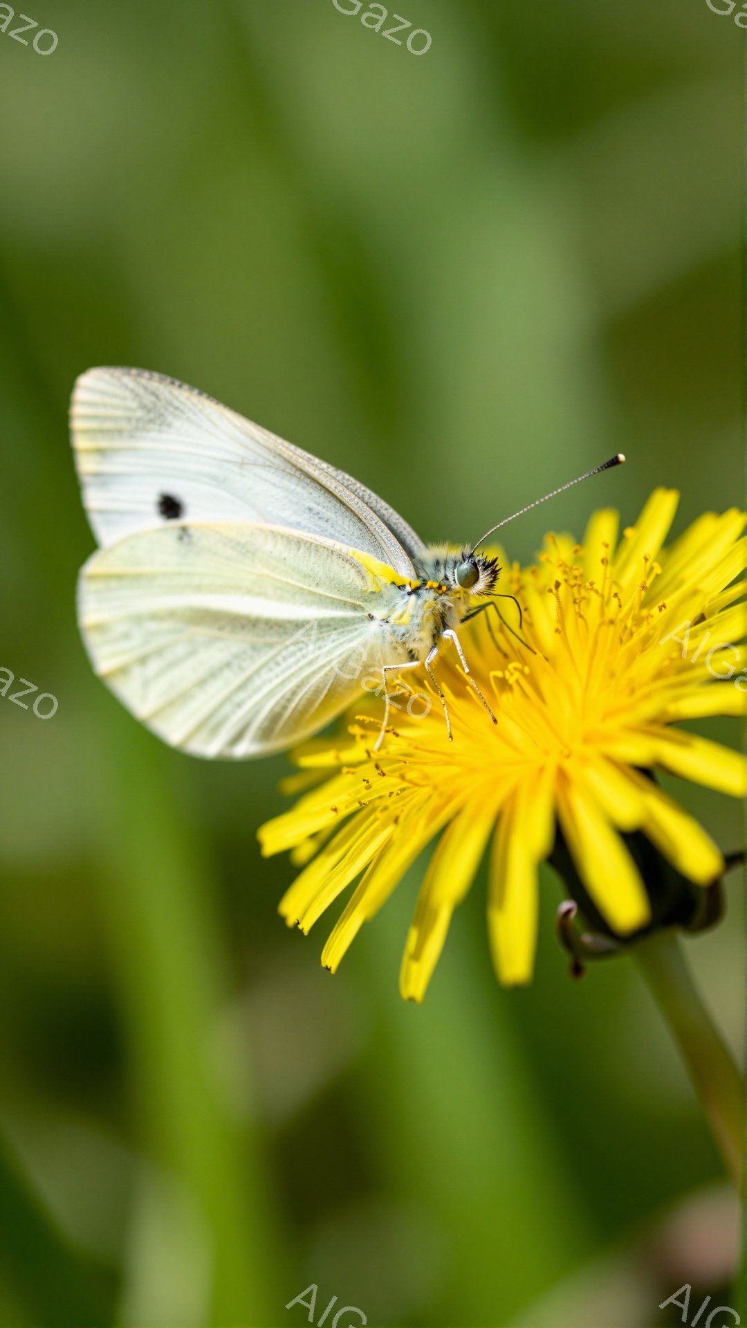 白い蝶が鮮やかな黄色のタンポポにとまっている。緑の背景が蝶とタンポポを際立たせ、春の穏やかな一日を思わせる。蝶の繊細な羽模様とタンポポの可愛らしい花びらが、自然の美しさを表現している。 - AI生成フリー素材