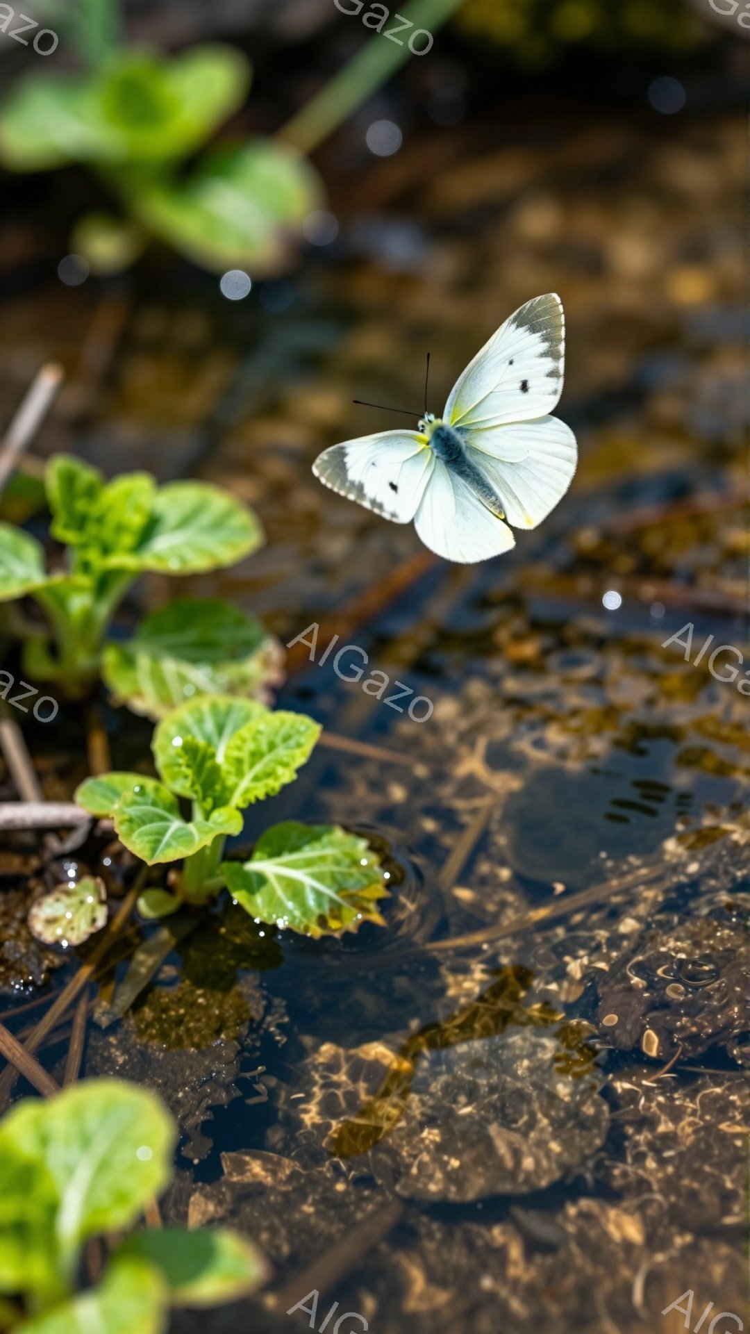 湿った土の上に白い蝶がとまっており、周りには緑の葉が生えている。水滴が光を反射してキラキラと輝き、自然の美しさを引き立てている。春の訪れを感じさせる、穏やかで静かな情景である。 - AI生成フリー素材